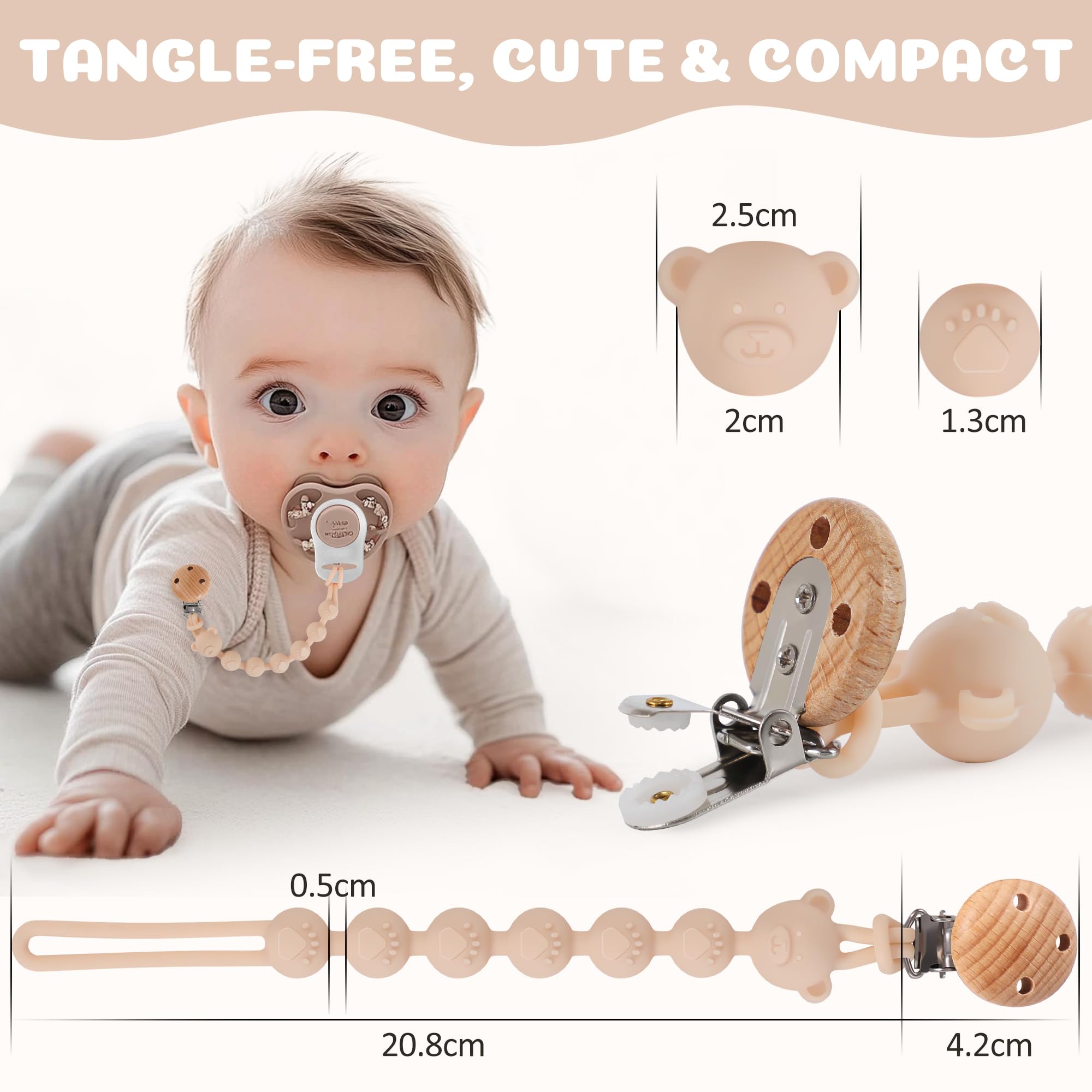Set da 3 Catenella Portaciuccio in Silicone, Design Monoblocco Catenella Ciuccio per Bambine e Bambini, Portaciuccio Senza BPA, Elastiche e Robustezza (Crema Marrone Grigio)