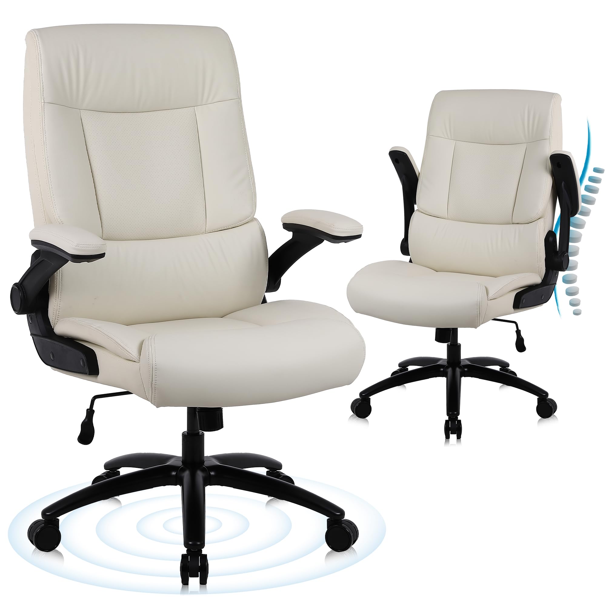 Youhauchair Silla Escritorio, Silla Oficina de 200 kg para Personas Pesadas, Silla Ergonomica Escritorio con Reposabrazos Abatibles, Sillas Escritorio de Cuero PU, Respaldo Alto, Beige