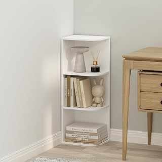 Furinno Reed 3-Tier Corner Shelf White - Space-Saving Bookshelf Storage Rack for Home Office, Living Room Organization