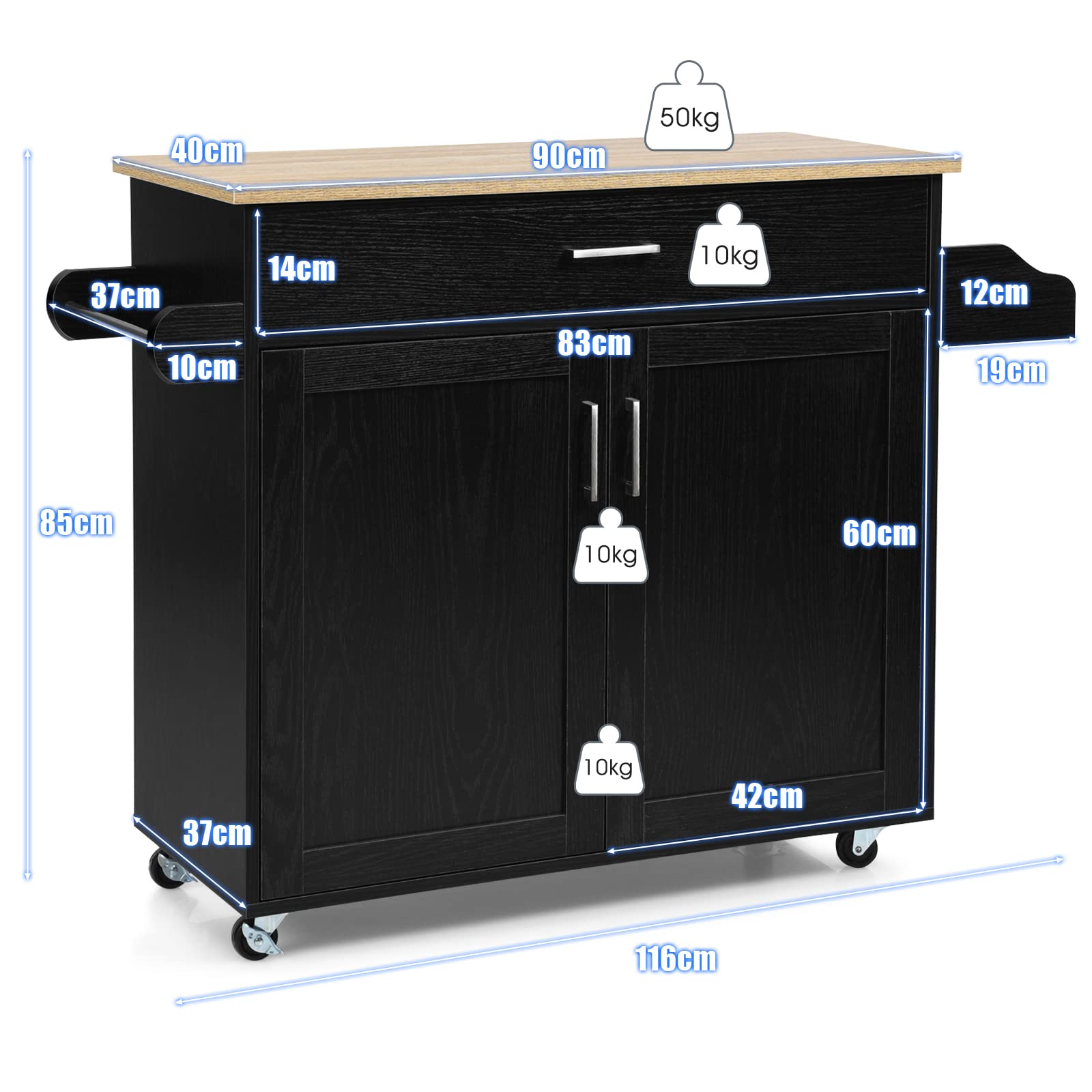 GIANTEX Küchenwagen mit Arbeitsplatte, Küchenschrank mit Rollen, bewegliche Kücheninsel Holz, Servierwagen Küchenrollwagen Rollwagen mit Schublade, Küchentrolley 116 x 40 x 85 cm, Schwarz