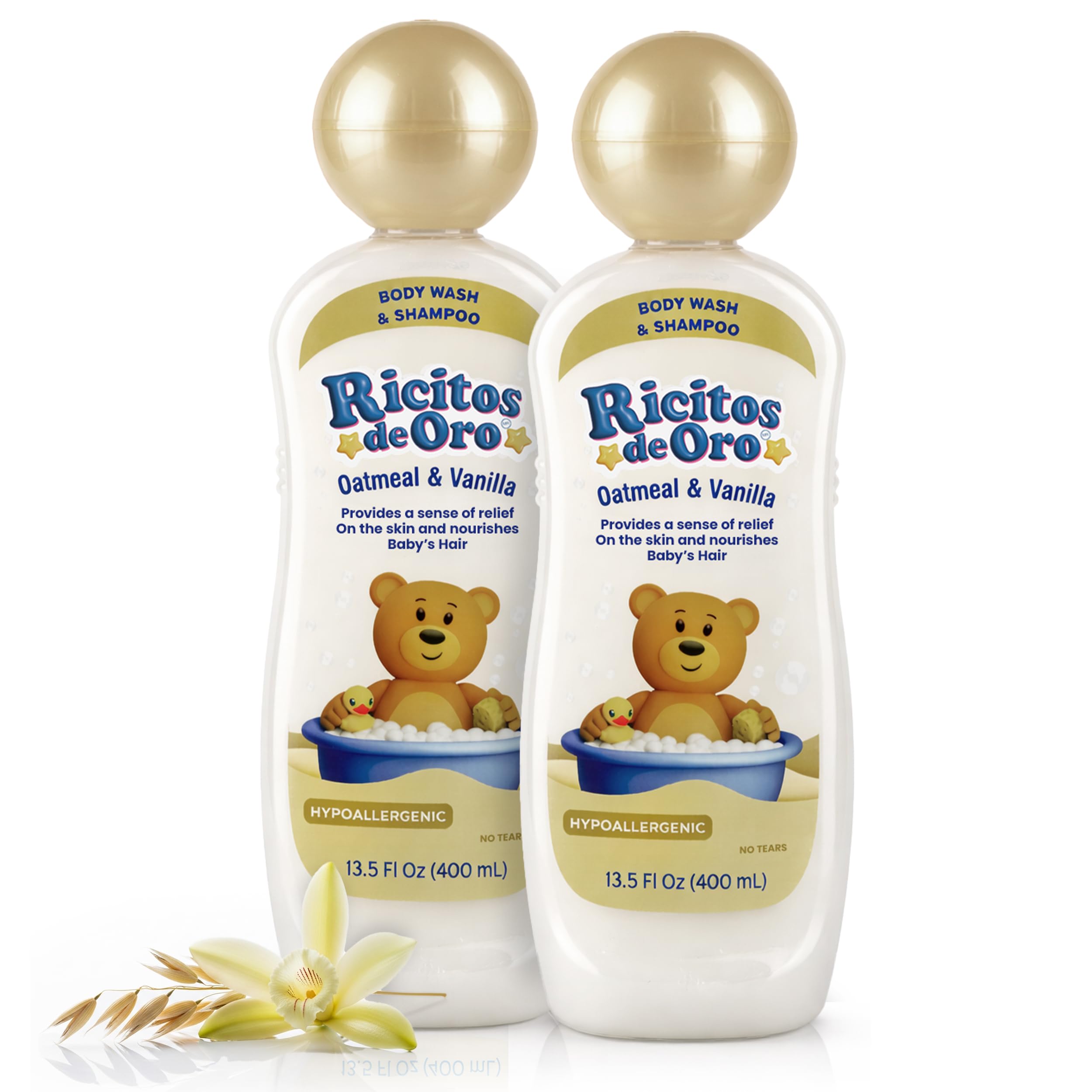 Ricitos de Oro Baby Shampoo & Body Wash with Oatmeal & Vanilla | Gentle Baby Wash for Sensitive Skin | Moisturizing Formula for Hair & Skin | 13.5 Fl Oz Bottles | 2-Pack