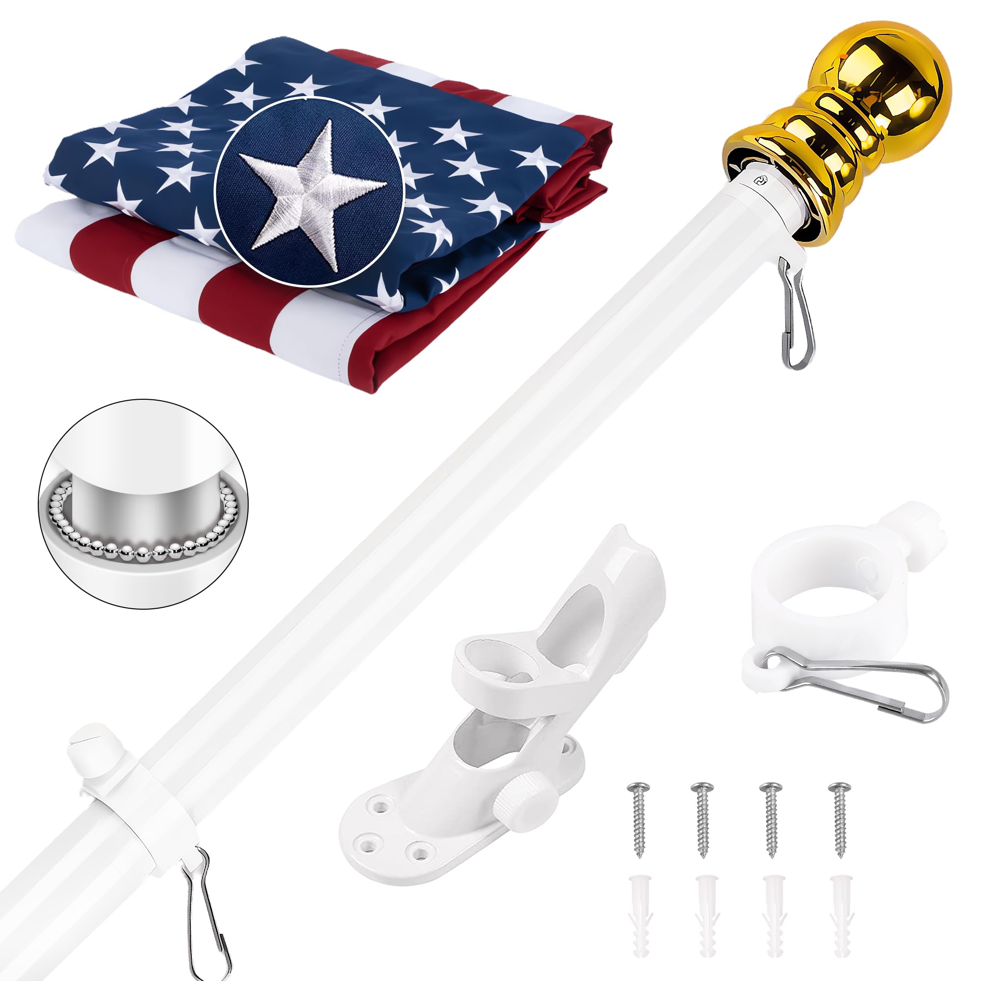 American Flag 2x3 ft with White Pole Kit: Longest Lasting US Flag, Embroidered Stars, Brass Grommets, 6 Ft No Tangle Flagpole Aluminum and 2-Position Flag Pole Bracket