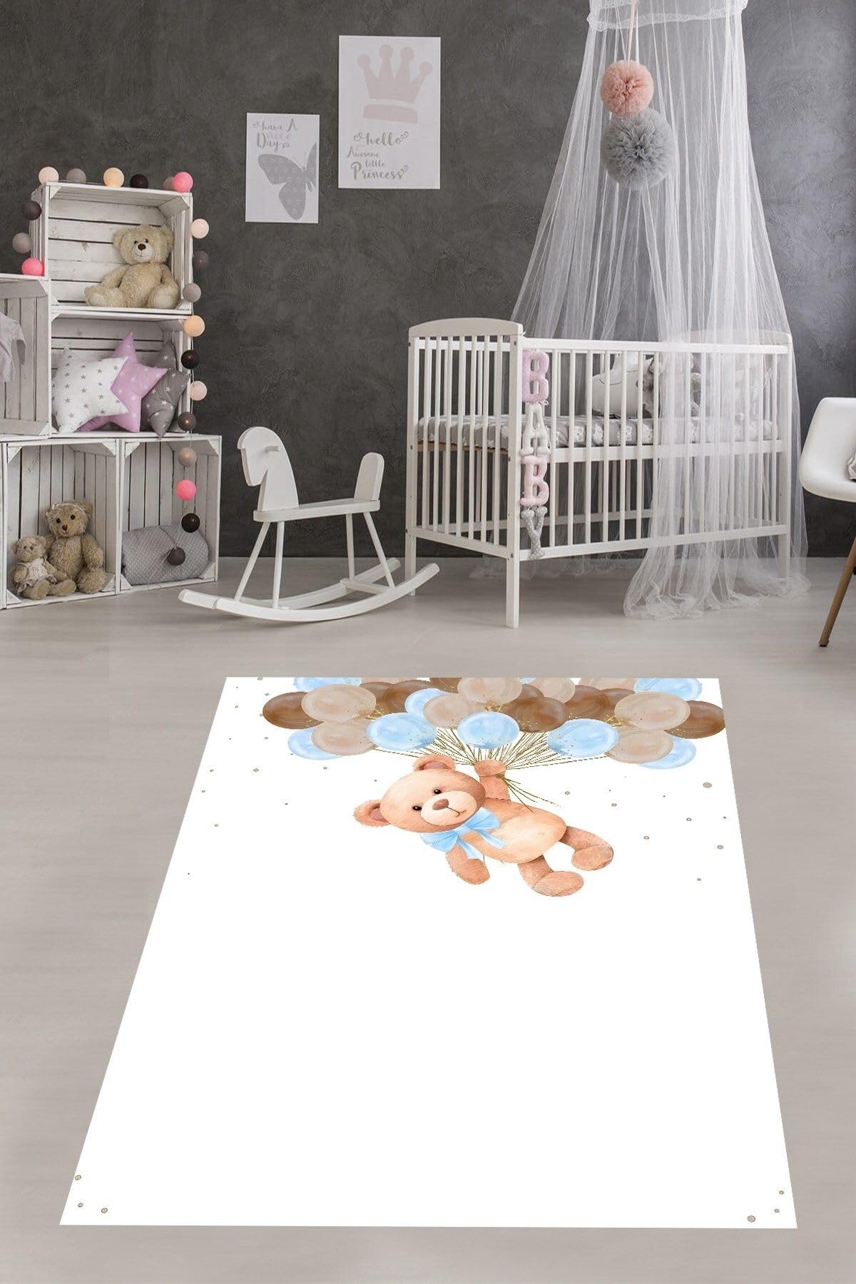 Pelangi Uçan Balon Tutan Sevimli Ayıcıklı Yıkanabilir Kaymaz Taban Leke Tutmaz Çocuk Odası Halısık, Mavi-Kahve-Beyaz 100 x 150, 76420201001501