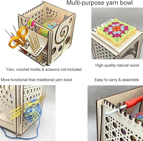 Miniatura 2 de Tazón de hilo de madera todo en uno para tejer, caja de bolas de hilo multiusos para ganchillo, herramienta de tejer multifuncional, regalos para