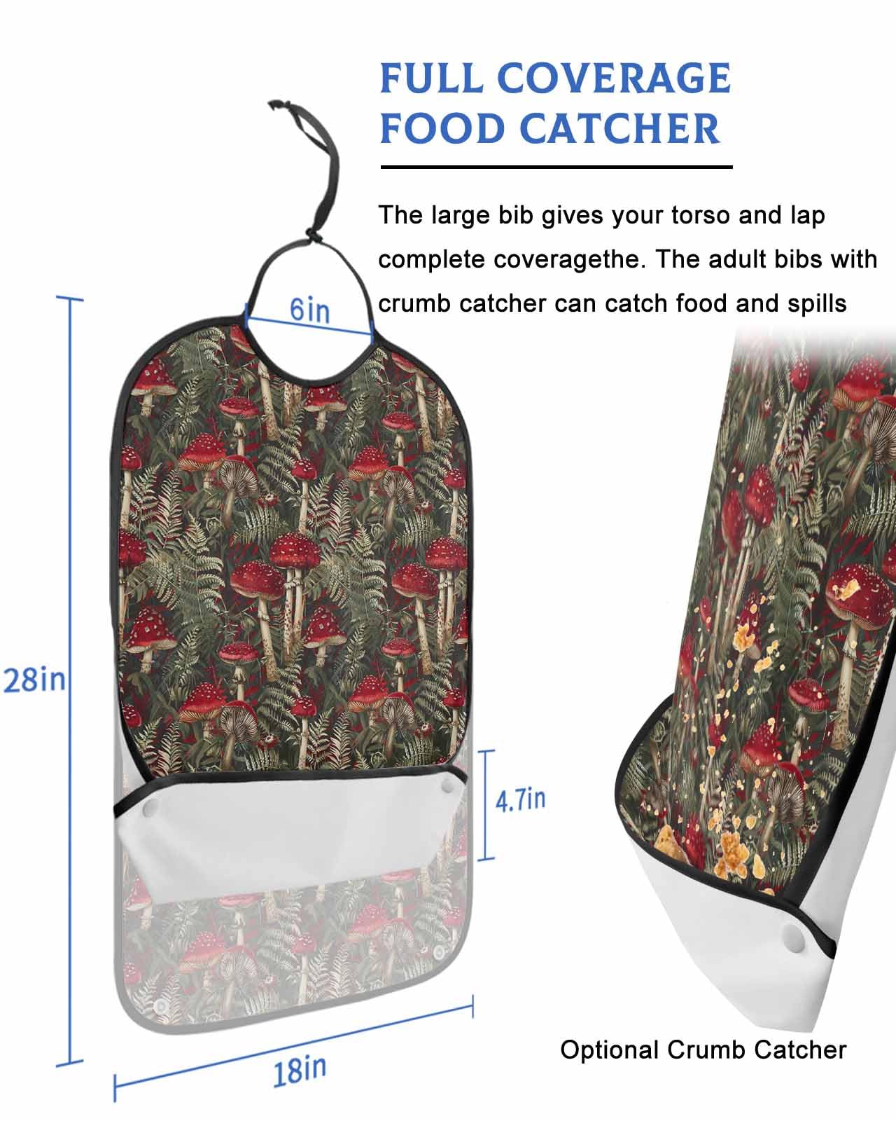 Adult Bibs for Eating, Red Mushroom Pants Leaves Washable Elderly Adult Bibs for Men Women Large Reusable Adjustable Clothing Protector with Optional Crumb Catcher