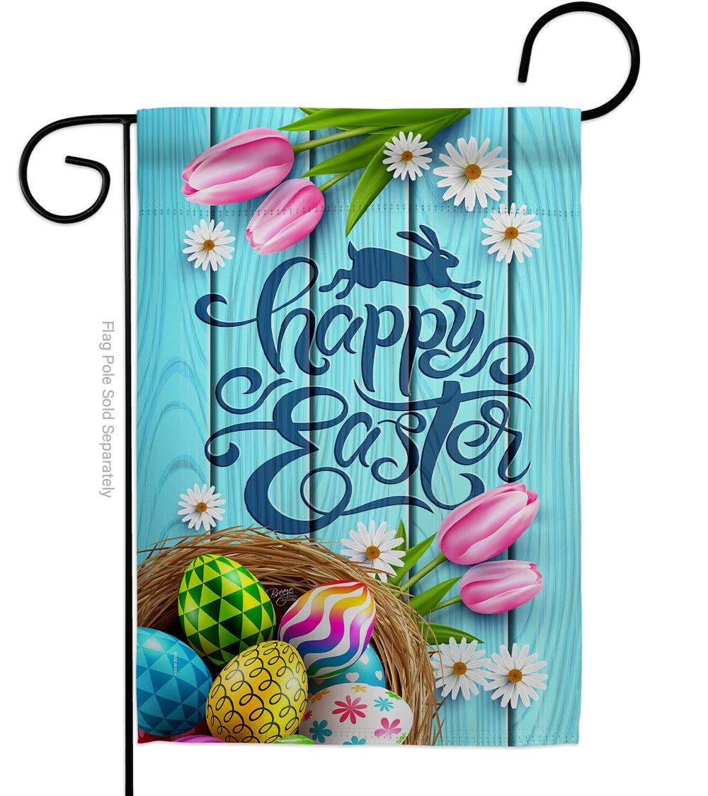 Happy Easter Gartenflagge – Doppelseitig, Pinke Stühle & Oster-Motive