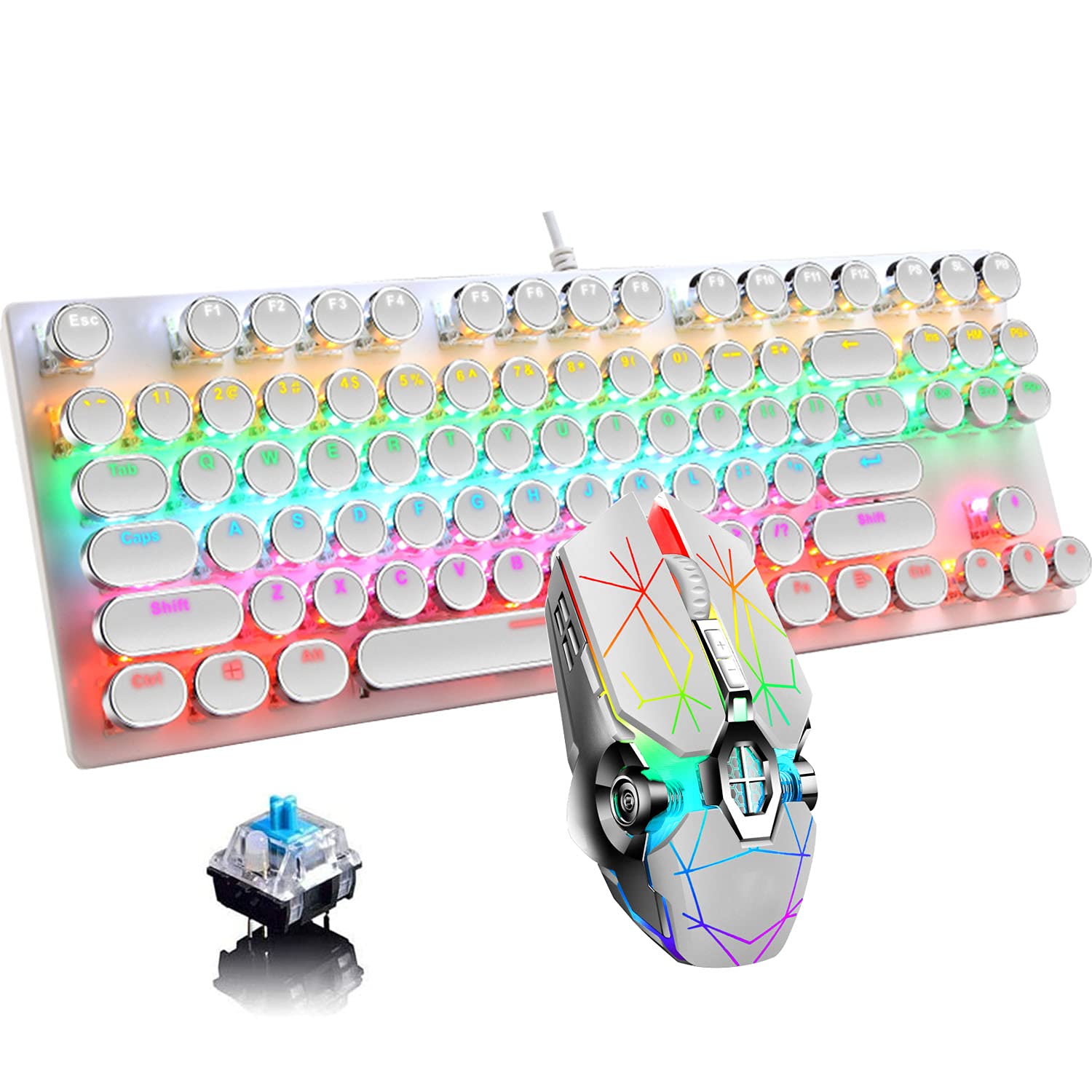 Mechaniczna kombinacja klawiatury i myszy do gier, 87-klawiszowa retro punkowa maszyna do pisania, niebieski przełącznik RGB tęczowa podświetlana klawiatura, fajna oddychająca lekka mysz do gier i
