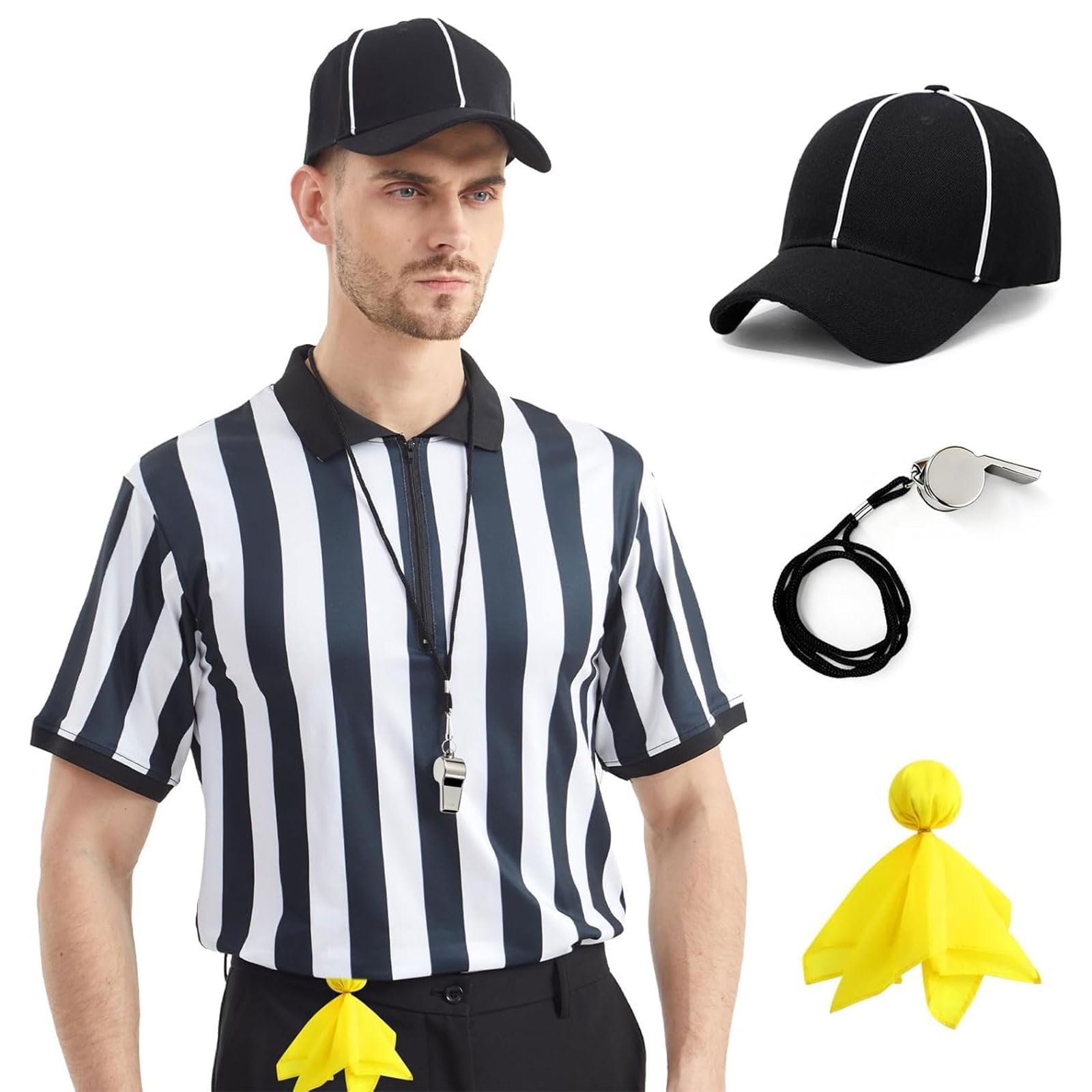 Conjunto de Uniforme de Árbitro 4 Piezas con Cuello Cremallera, Silbato, Sombrero y Bandera para Fútbol