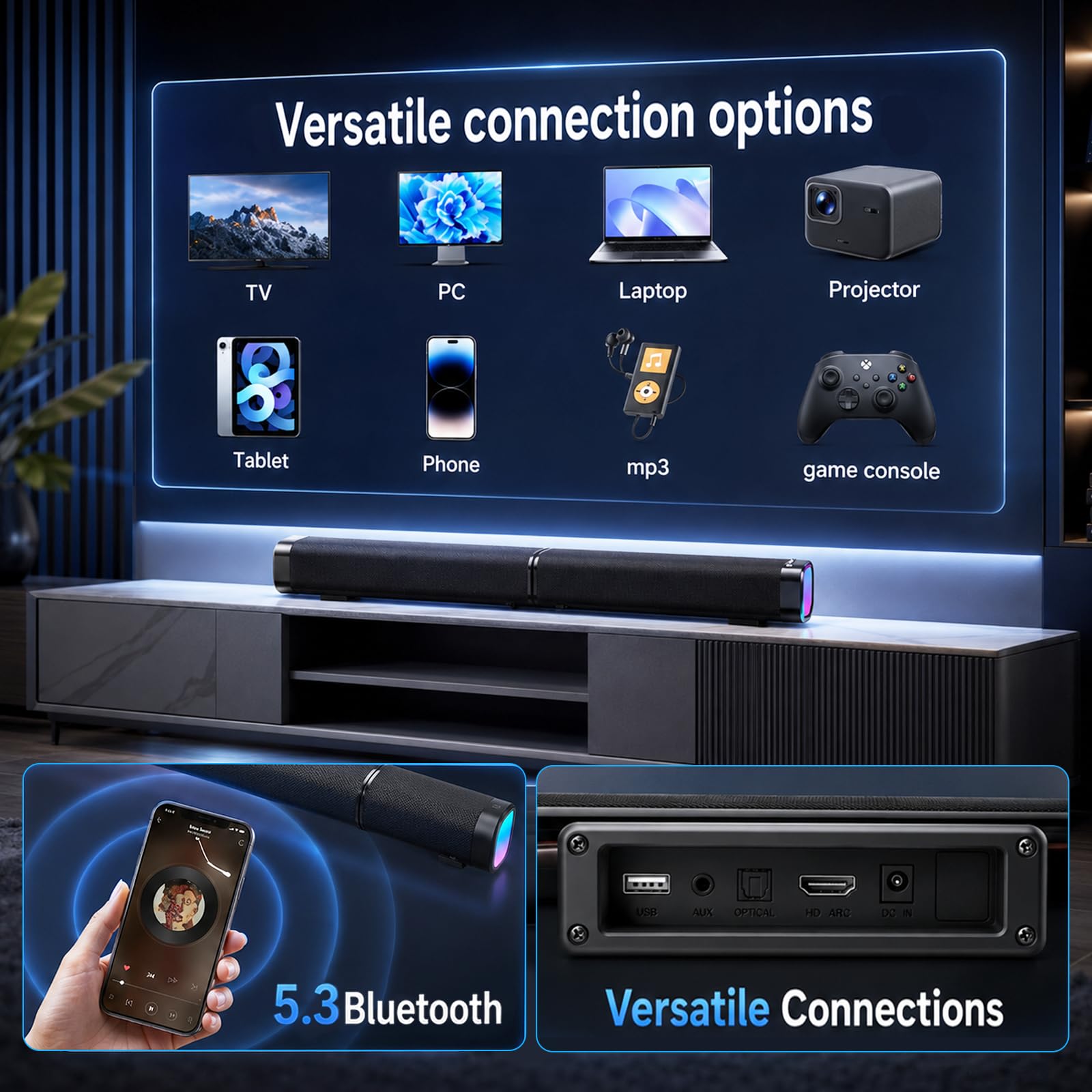 Soundbar für TV Geräte, 240 W Teilbare 2-in-1 Soundbar für TV (2.2CH) mit RGB Beleuchtung & 3 EQ Modi, Bass einstellbar, Bluetooth 5.3, inkl. ARC, Optisch, Aux USB für Fernseher, Monitor, Gaming