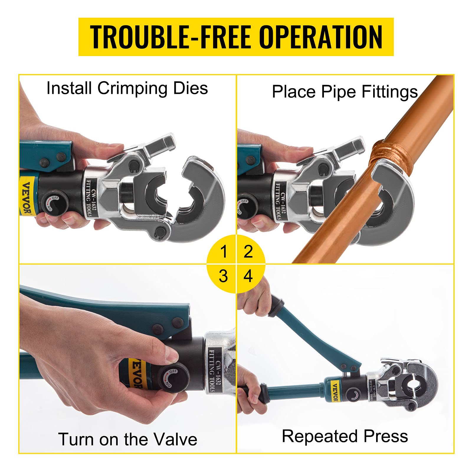 VEVOR Hydraulic Pipe Crimping Tool, Copper Crimping Pliers with Jaws 1/