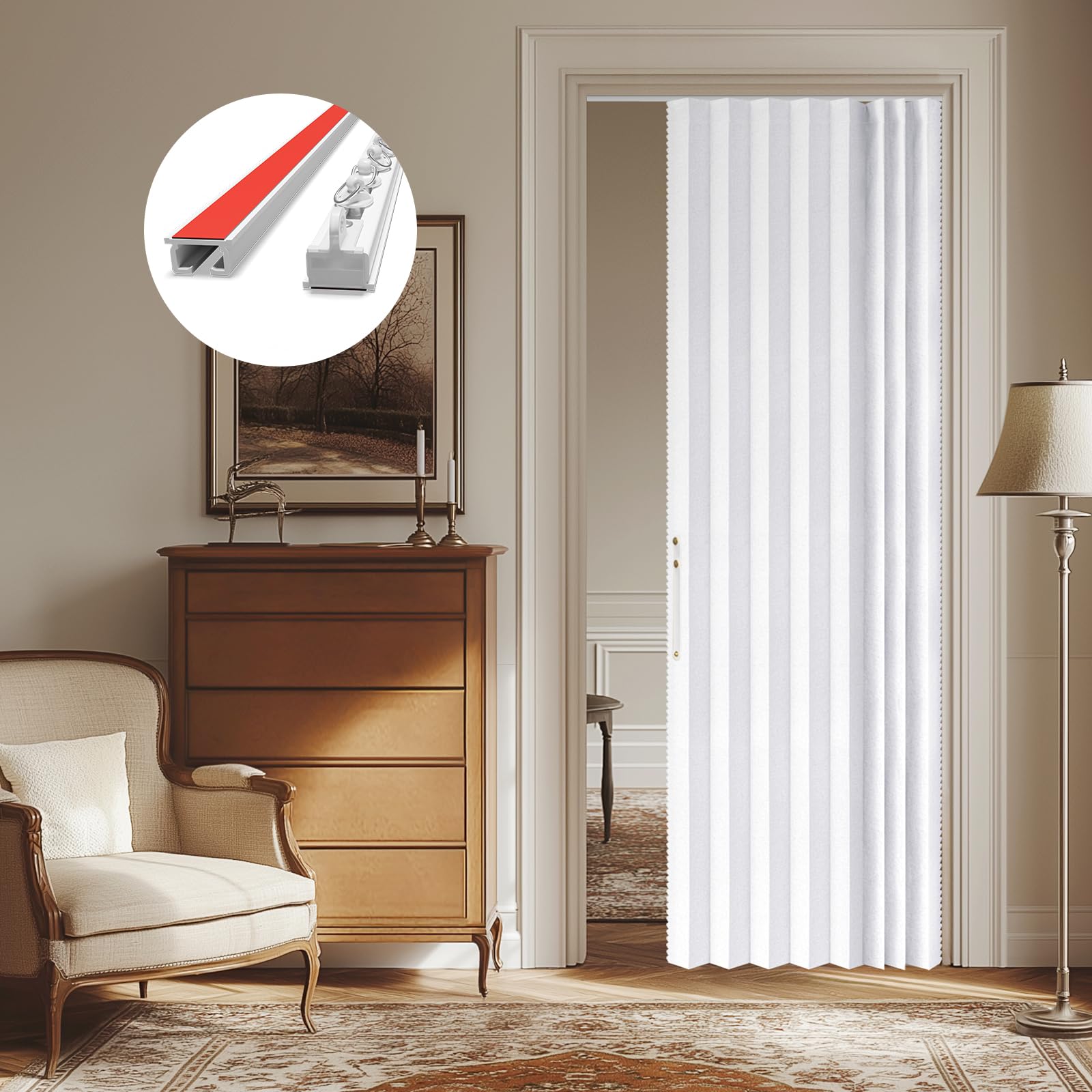 AJAZZ Doorway Curtains with Adhesive Ceiling Curtain Track Accordion Closet Door 100% Blackout Temporary Door Curtains 43 x 79 Inch White Set