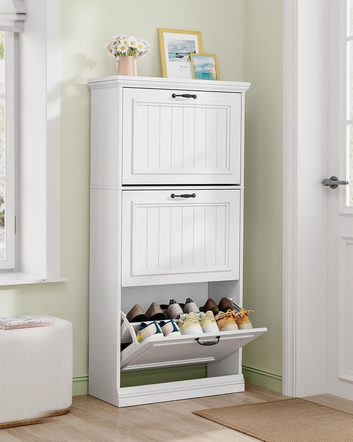 Shoe Cabinet with 3 Flip Drawers, Hidden Narrow Shoe Cabinet with Adjustable Shelves, Freestanding Wood Shoes Organizer, 16-18 Pairs, Classic Style, for Entryway, Hallway, White SR60103X