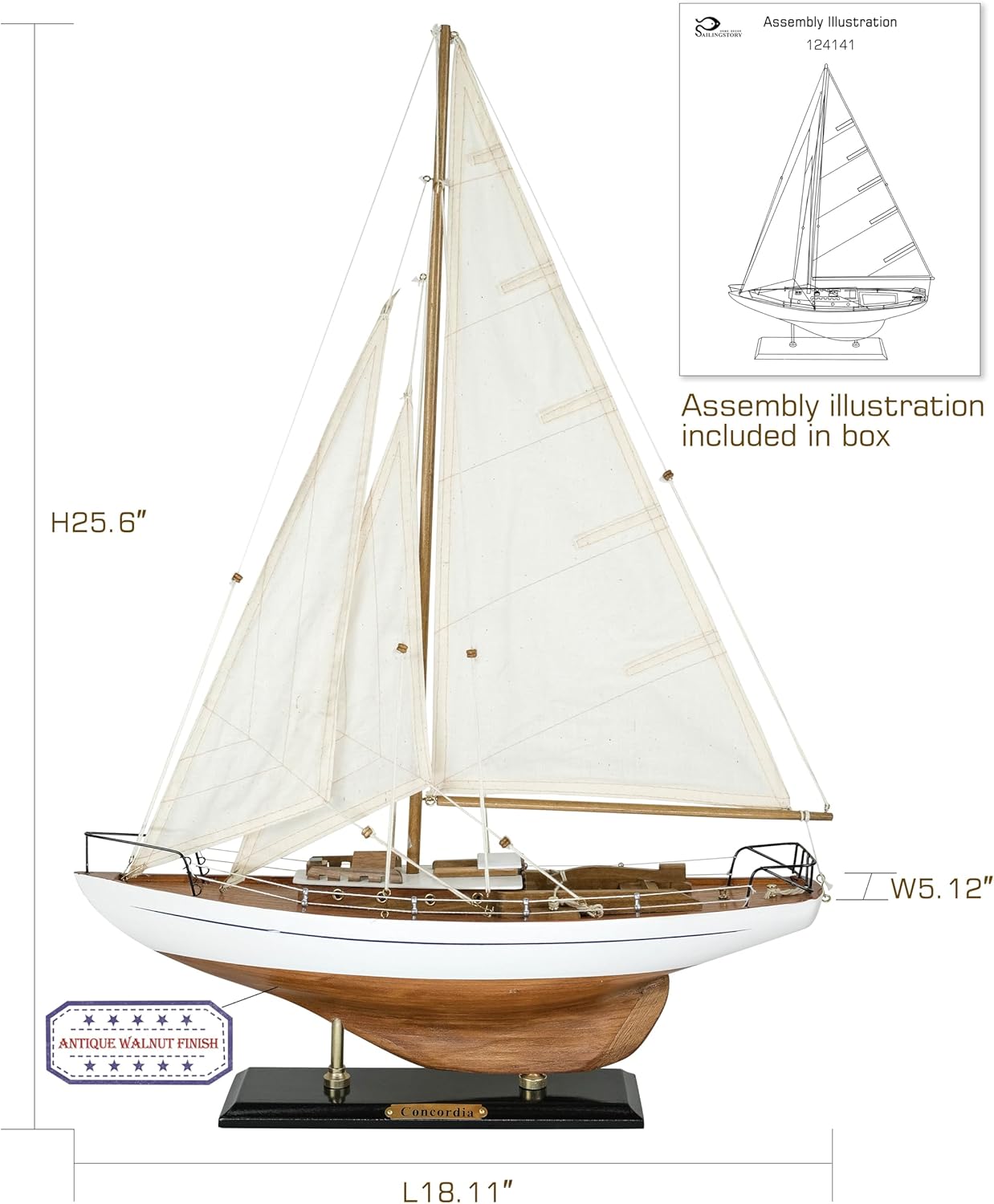 SAILINGSTORY Wooden Sailboat Decor Yacht Model Ship with Antique Finish Ivory