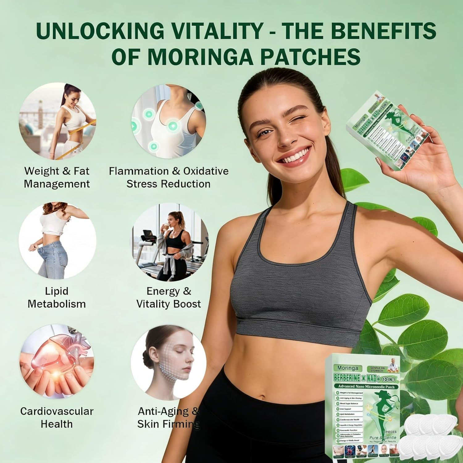 Moringa Berberine X Nad Patches, 2026 New 10-in-1 Berberine Patch, Natural Patches for Women and Men, Suitable for All Skin Types (3 Box) - 3