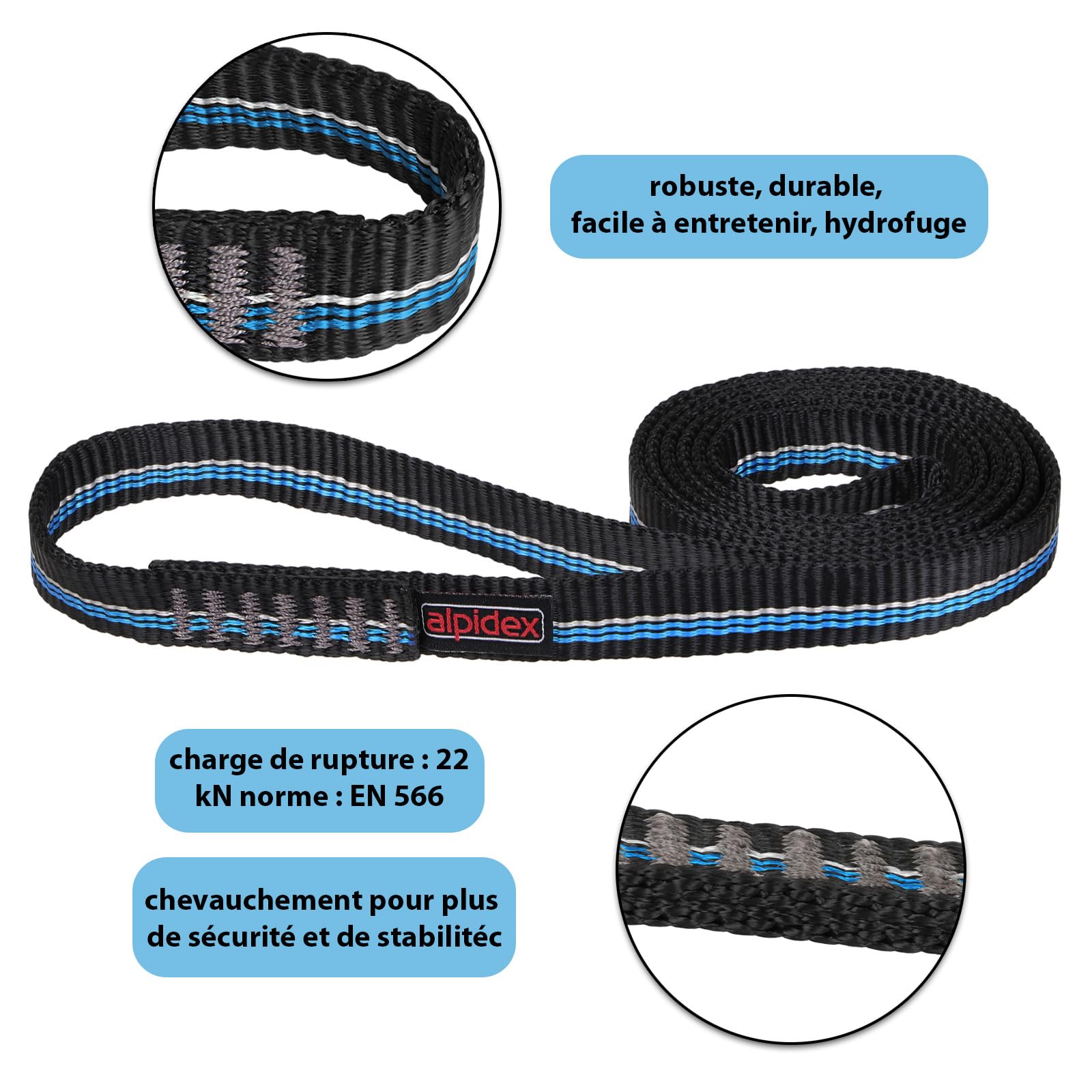 ALPIDEX Élingues d'escalade en polyamide Ensemble de 4 pièces dans les longueurs 60, 80, 100 et 120 cm Sangle