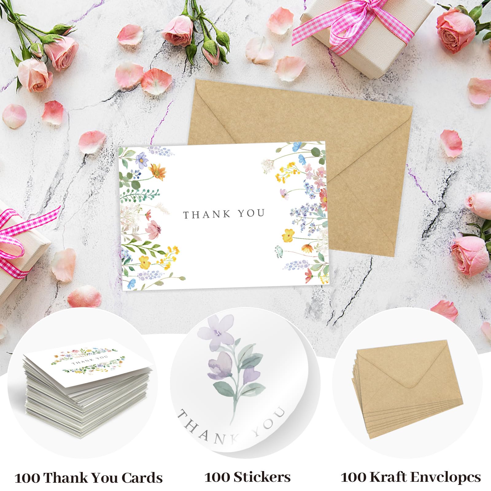 Paquete De 100 Tarjetas Agradecimiento Florales Con Sobres, Notas Flores Silvestres En Acuarela Sobres Papel Kraft Para Cumpleaños, Boda, Shower, Despedida, Baby