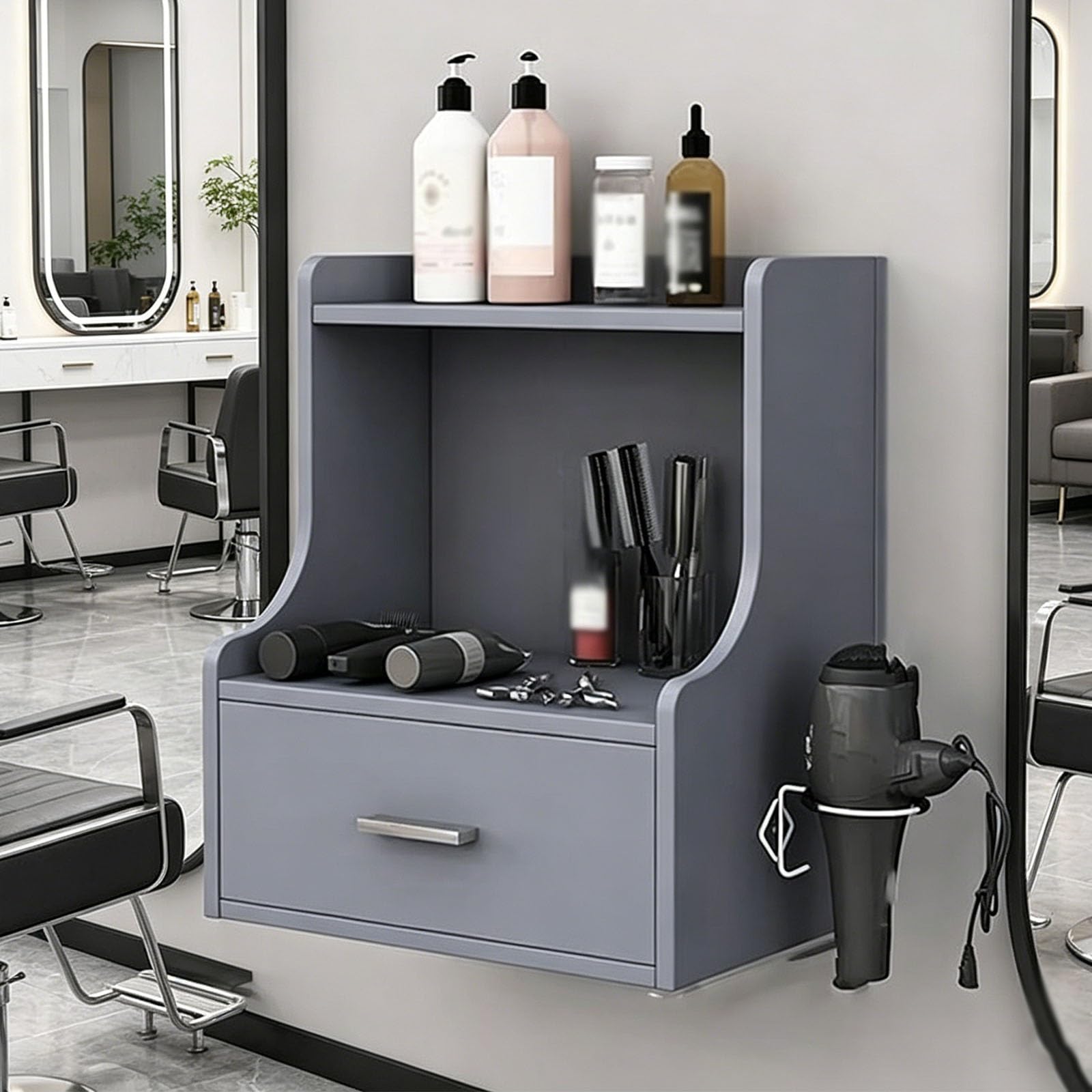 Postazione Da Salone A Parete, Attrezzatura Per Centri Estetici, Barber Shop E Spa, Con Cassetto E Supporto Per Asciugacapelli, Design Con Ringhiera Di Protezione Rialzata(A)