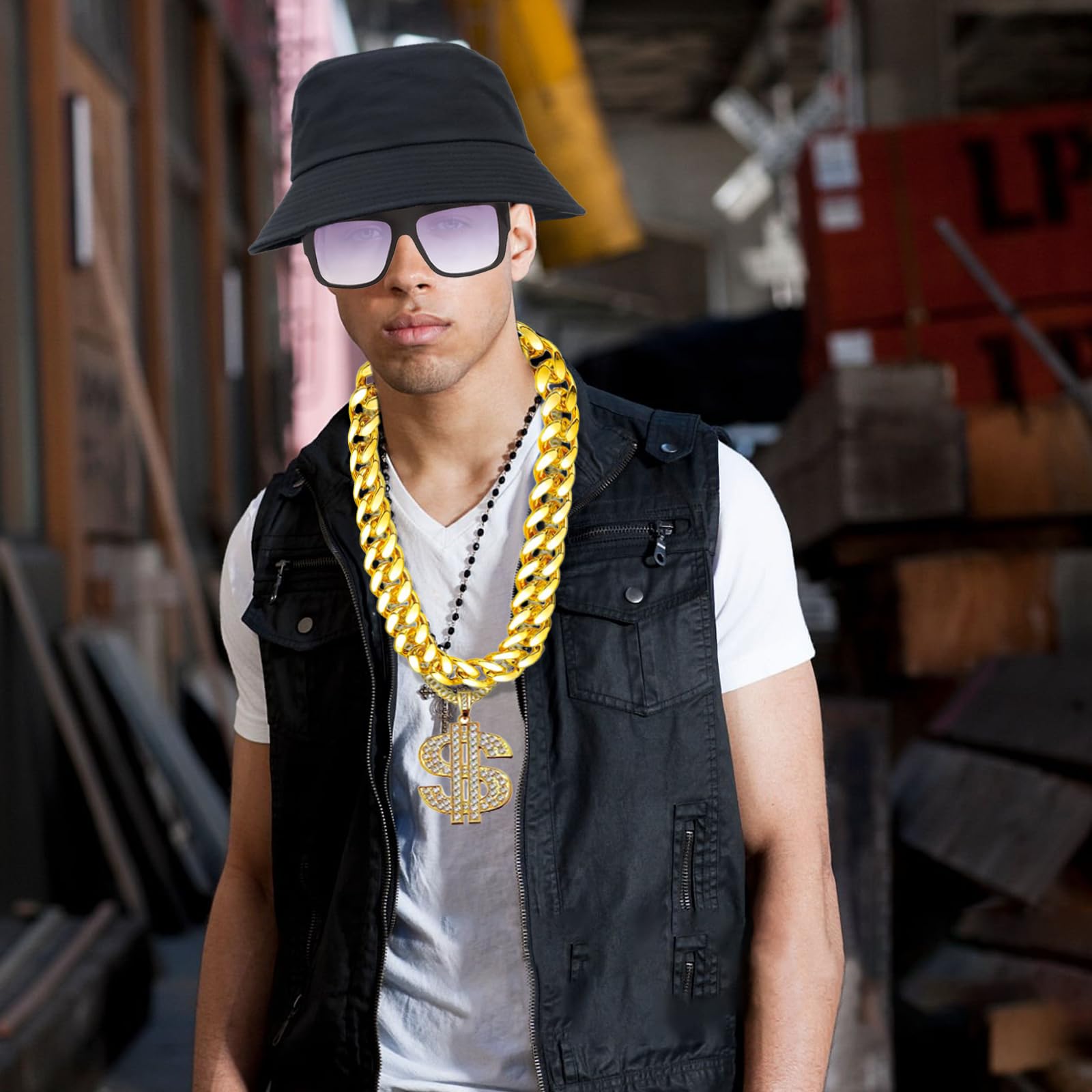 80s 90s Hip Hop Costume Kit, 7Pcs Hippie Dollar Sign Necklace Set including 2 Necklaces, 2 Rings, 1 Bracelet, 1 Sunglasses - Image 2