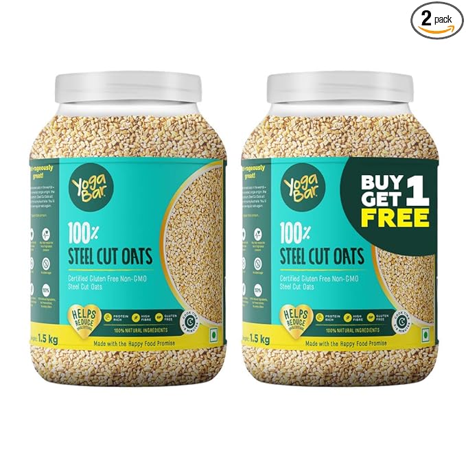 Yogabar Steel Cut Oats 1.5kg | 1+1 | Healthy Protein Breakfast Oatmeal| Premium & Gluten Free Oats | 100% Whole Grain, Non GMO | High in Iron & Fibre | 1.5 kg Pack of 2 | 100%Vegan & No Preservatives at Rs. 549