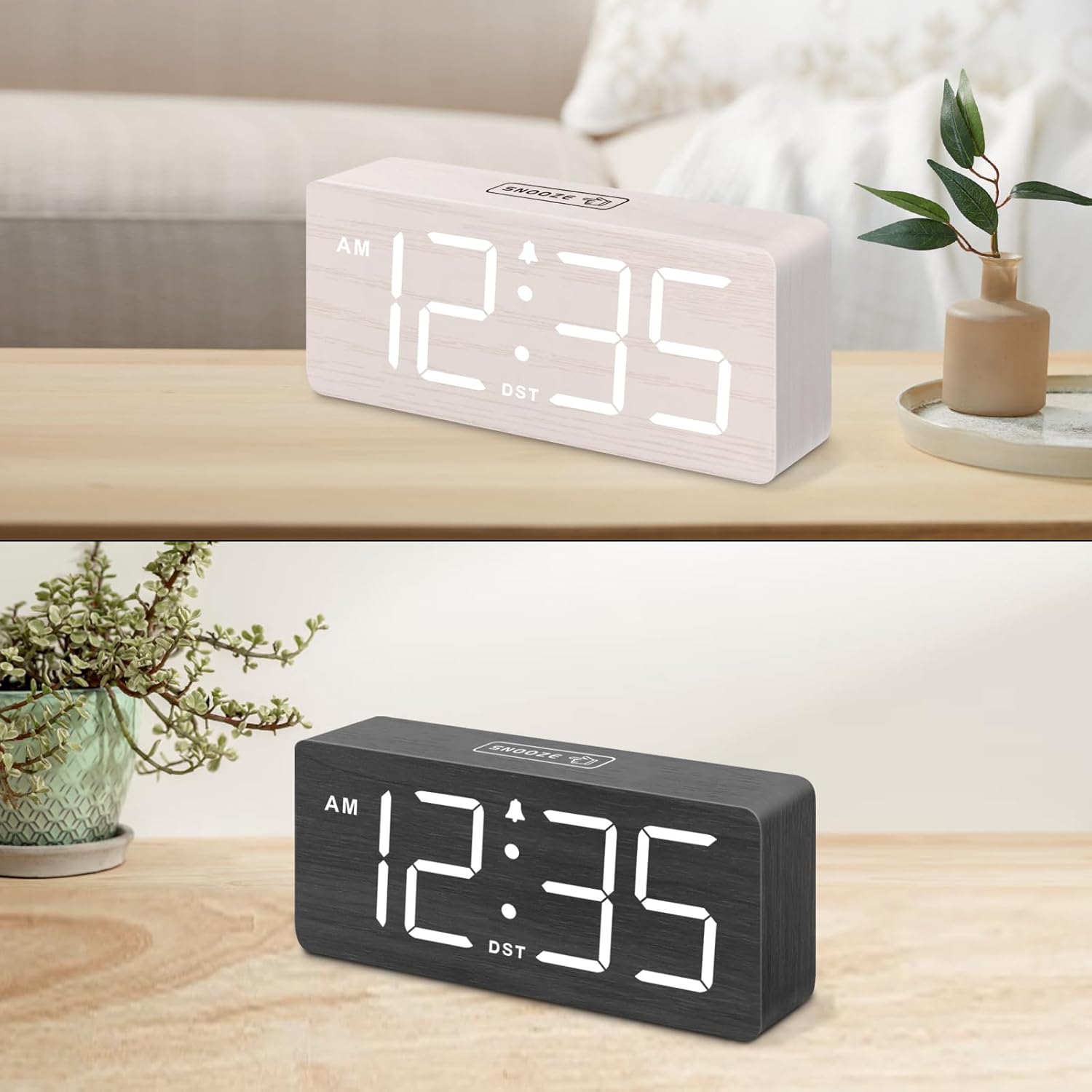 DreamSky Wooden Digital Alarm Clock for Bedroom - Desk Clock for Living Room with Large Numbers, Dimmer, Loud Alarm for Heavy Sleepers with Volume Control, DST, Office Wood Decor (Plug in Clock)