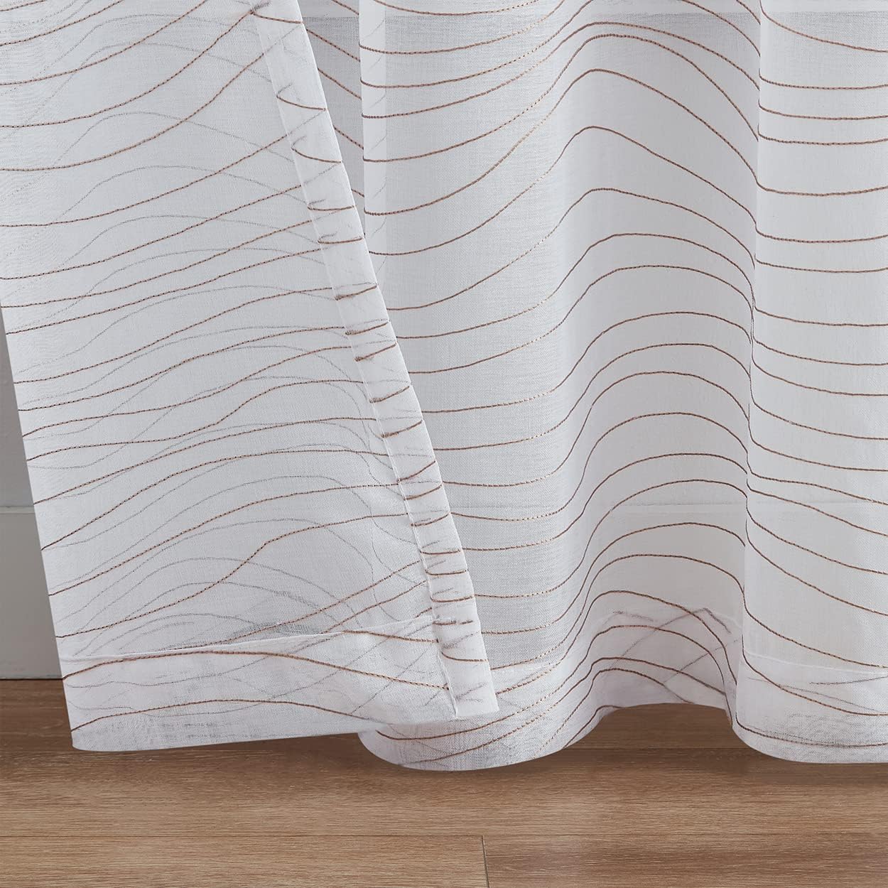 Enactex White Embroidery Sheer Curtain with Beige Wave Pattern 95 Inches Long for Living Room, Modern Design Light Filter Textured Drapes Grommet Window Treatment for Bedroom, 2 Panels