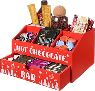 Sliner Christmas Hot Cocoa Bar Wooden Storage Box Xmas Coffee Station Organizer with Drawer Double Layer Wooden Hot Chocolate Decorative Box for Home Office Holiday Gift Party Supplies