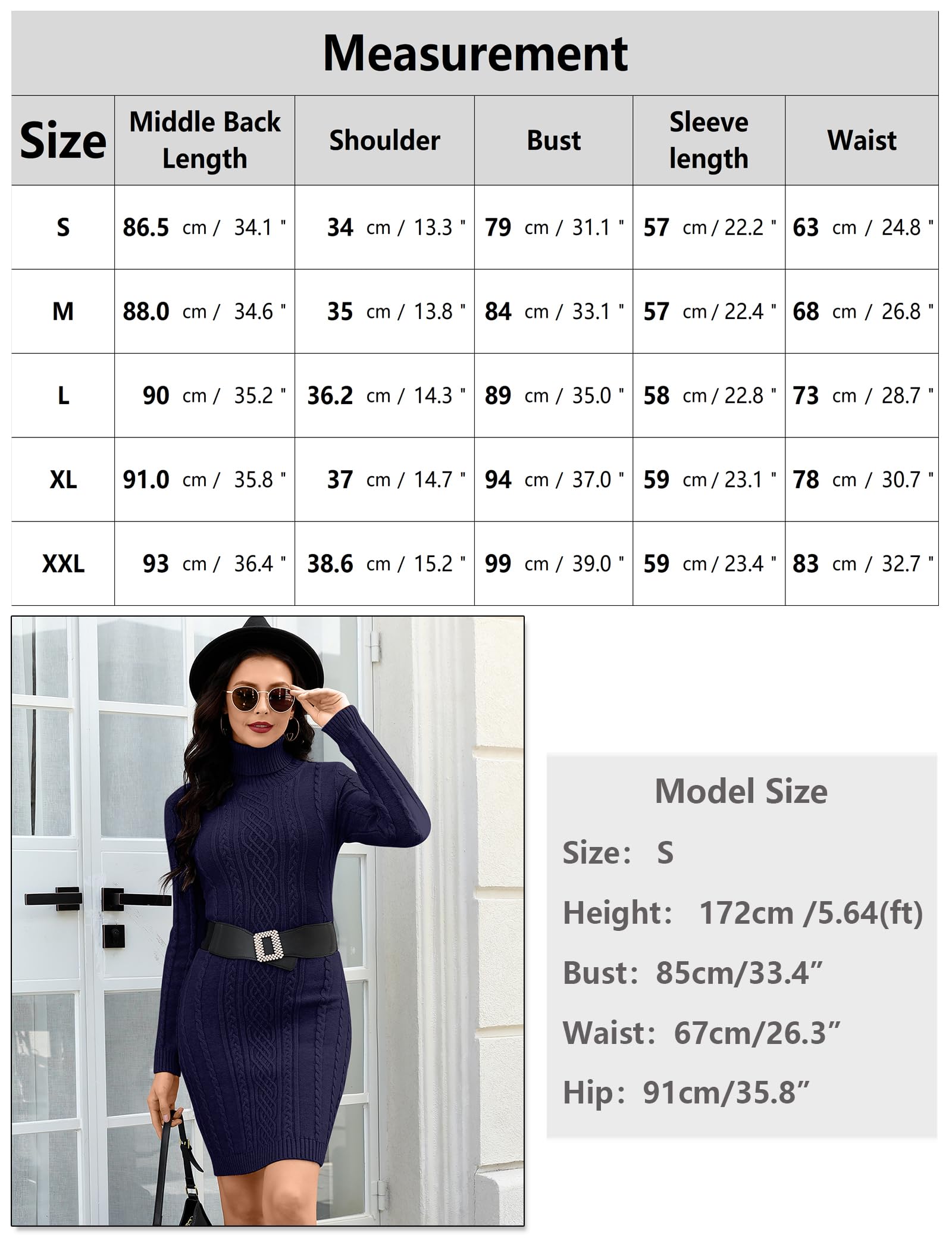 NB Robe Pull Femme Col Roulé Robe en Tricot Chandail Basique sous-Mini-Robe Mi-Longue en Maille Robe Elegant Casual Automne Hiver Sweater | Tricot torsadé, couleur unie, ajusté, coupe ajustée, longueur midi, pull, tenue décontractée d'automne