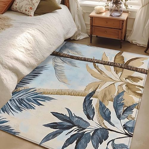 2.7x5 Area Rugs, Retro Palm Trees Non-Skid Rubber Backing Large Rectangle Rugs - Living Room Bedroom Home Office, Summer Botanical Vintage