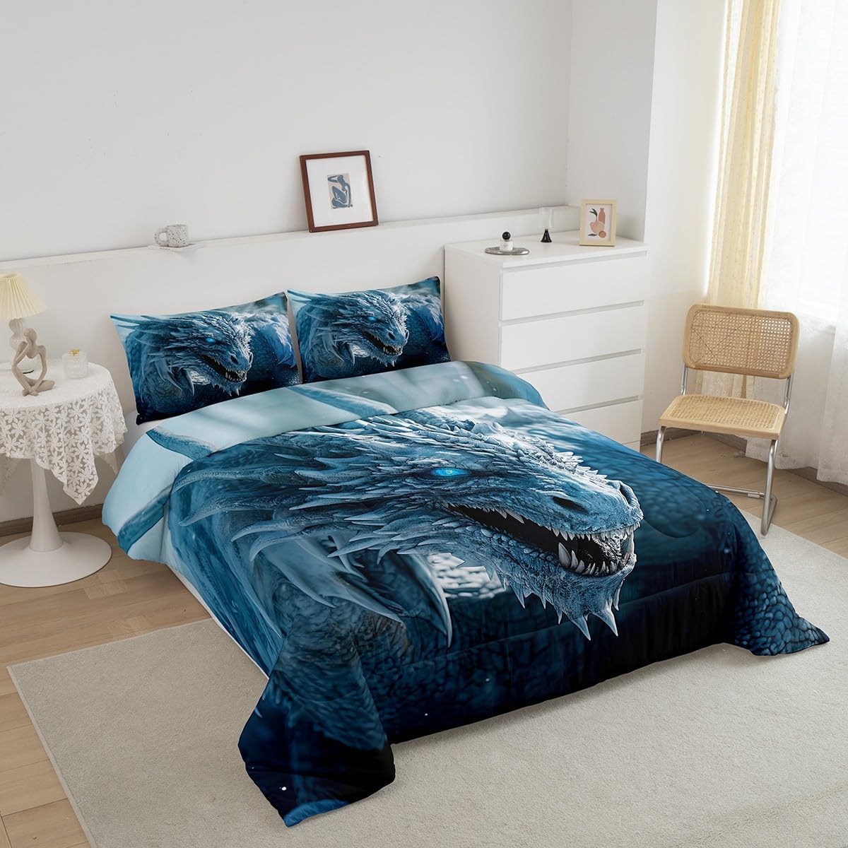 Erosebridal 3D Ice Dragon Bedding Comforter Set Queen Size for Boys - Mysterious Wildlife Style Quilted Duvet With 2 Pillowcases