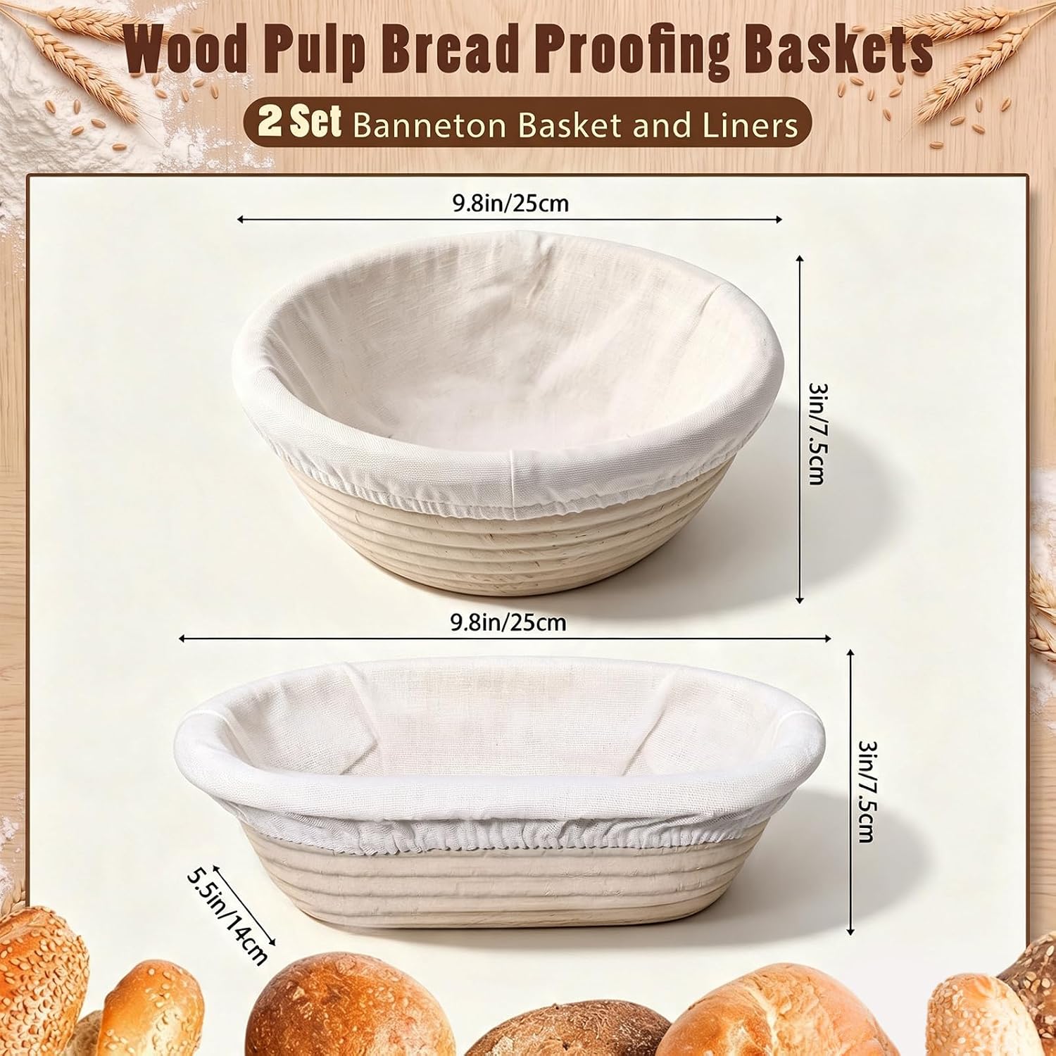 Baderke 2 Pack Banneton Bread Proofing Basket Sourdough Bowl, Round & Oval
