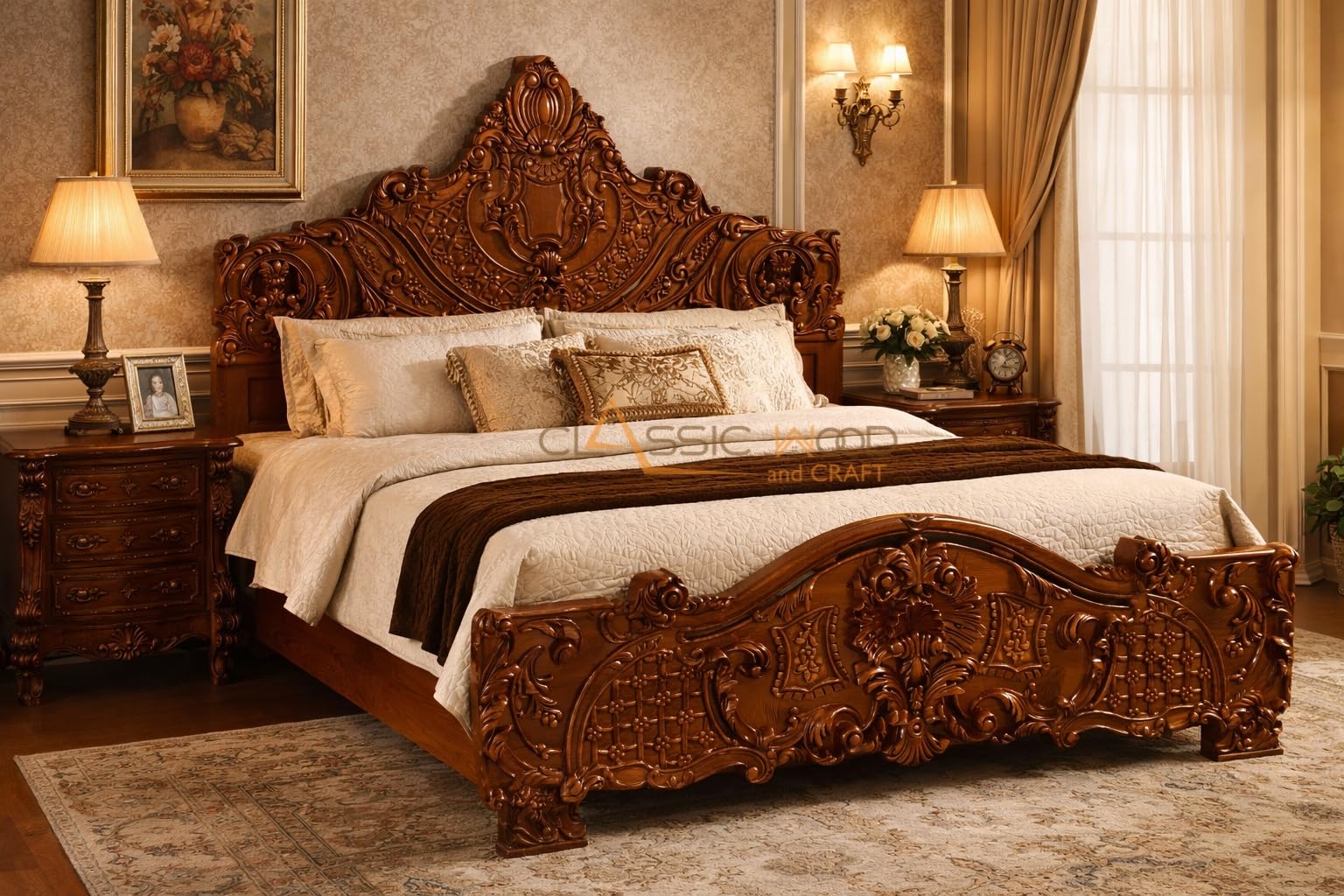 Classic Wood and Craft Royal Hand-Carved Solid Teak Wood King Size Bed Frame Luxury Antique Designer Wooden Bed with Ornate Headboard & Footboard Bedroom Furniture for Elegant Home Interiors-image-4