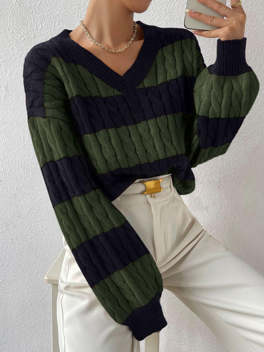 LIGHT DOT Damen-Winterpullover, größenverstellbar, Zopfmuster, V-Ausschnitt, langärmelig, lässig, lockerer Pullover, Farbblock-Streifen