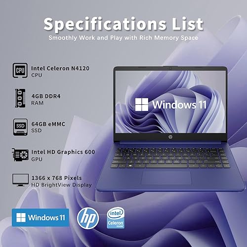 Miniatura 2 de HP Stream Laptop HD de 14 pulgadas, procesador Intel Celeron N4020, RAM DDR4 de 4 GB, SSD de 64 GB, gráficos Intel HD, cámara web 720p, 1 año Office