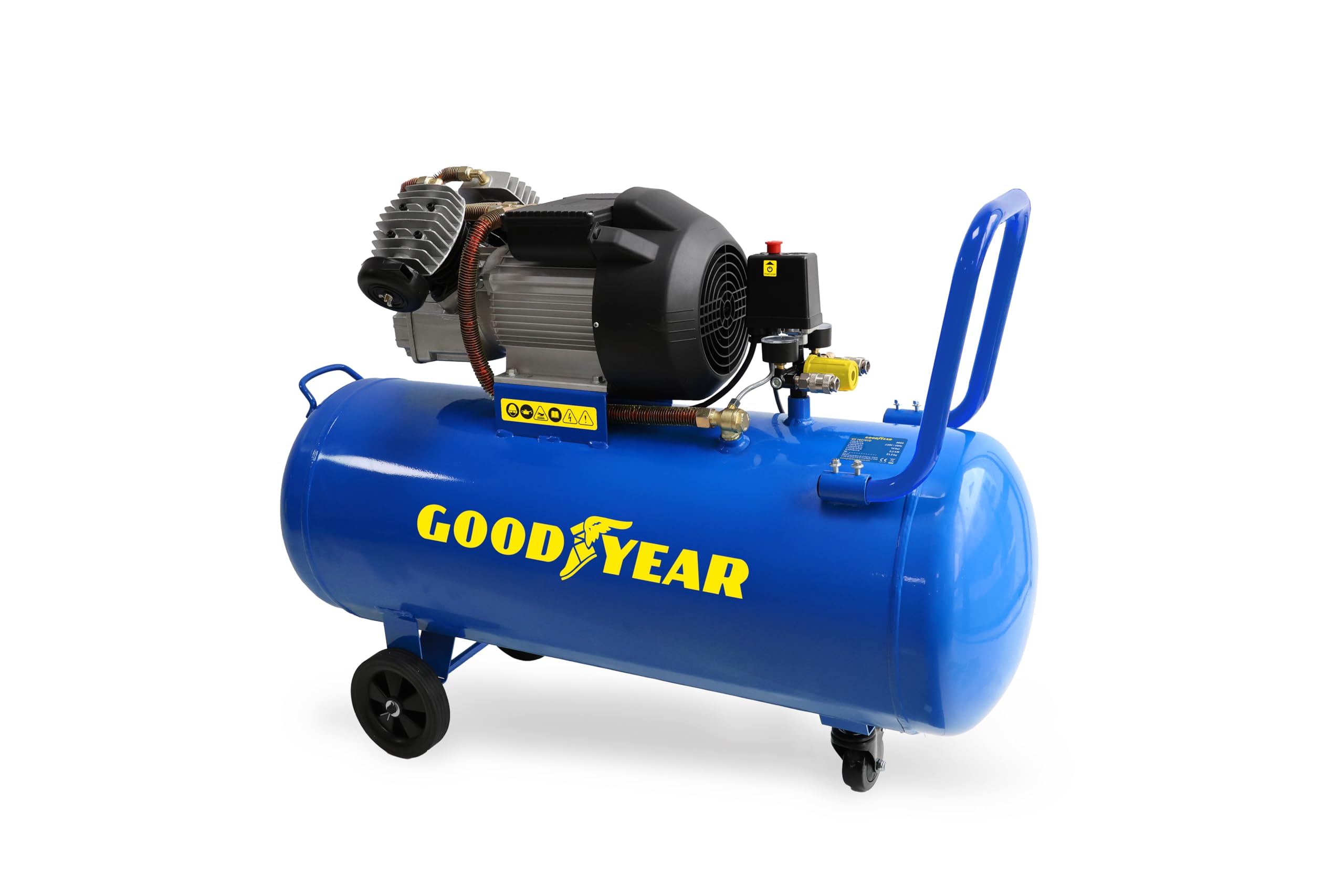 Goodyear - Compresor de aire 100 litros Capacidad de aspiración 356 litros/minuto. 2800rpm. 10 bares. Válvula de Seguridad CE. Ideal para Uso Doméstico DIY