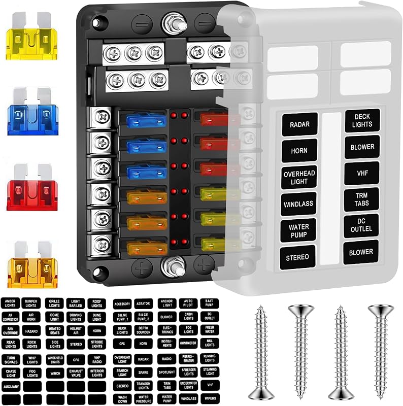 Bloco de Fusíveis Marítimo KAOLALI com LED, 12 V–24 V, 12 Circuitos e Barra Negativa – Kit com 24 Fusíveis