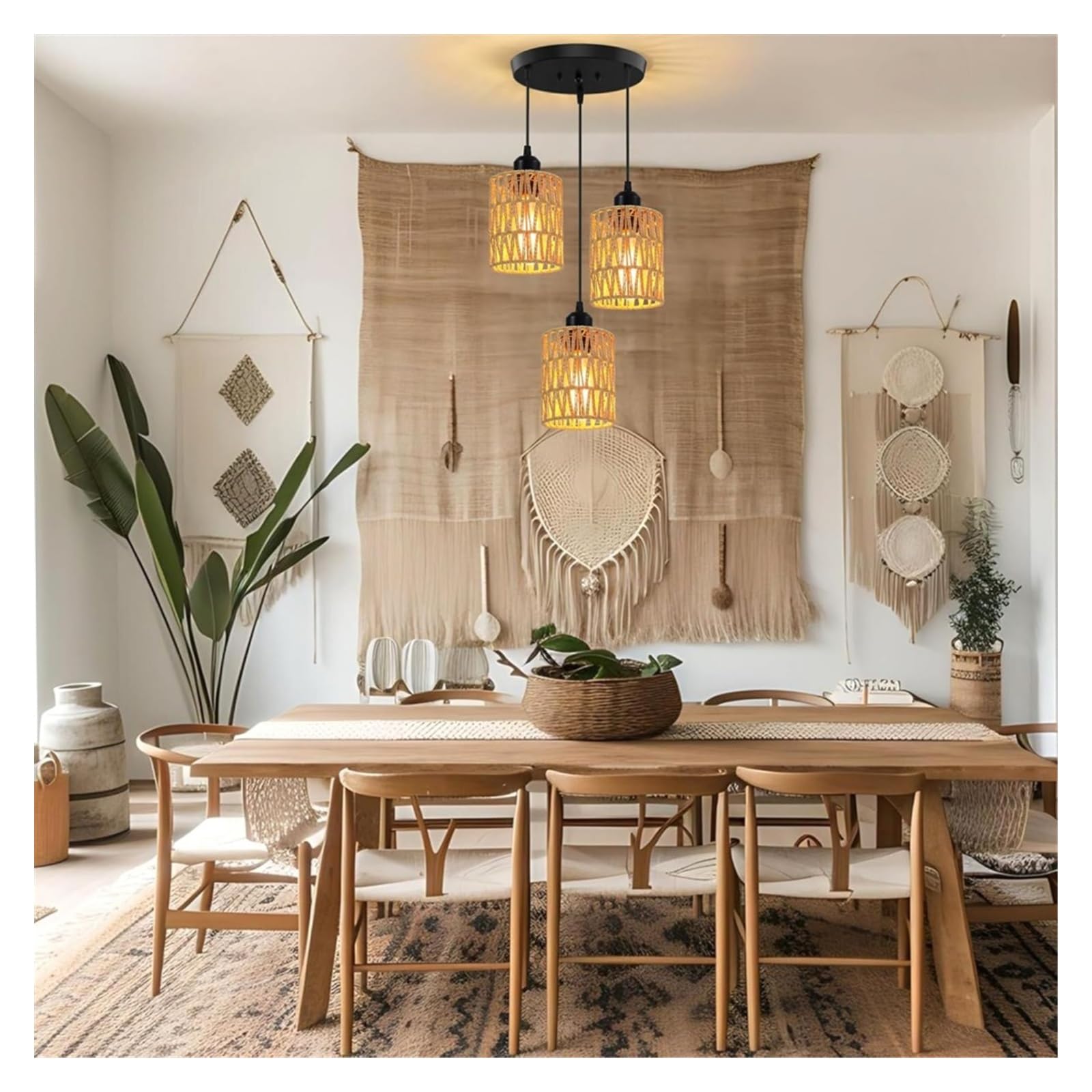 SYAXVOM Chandelier 3-Light Rattan Pendant Light Farmhouse Boho Hanging Fixture with Wicker Shades for Dining Room, Kitchen Island, Bedroom