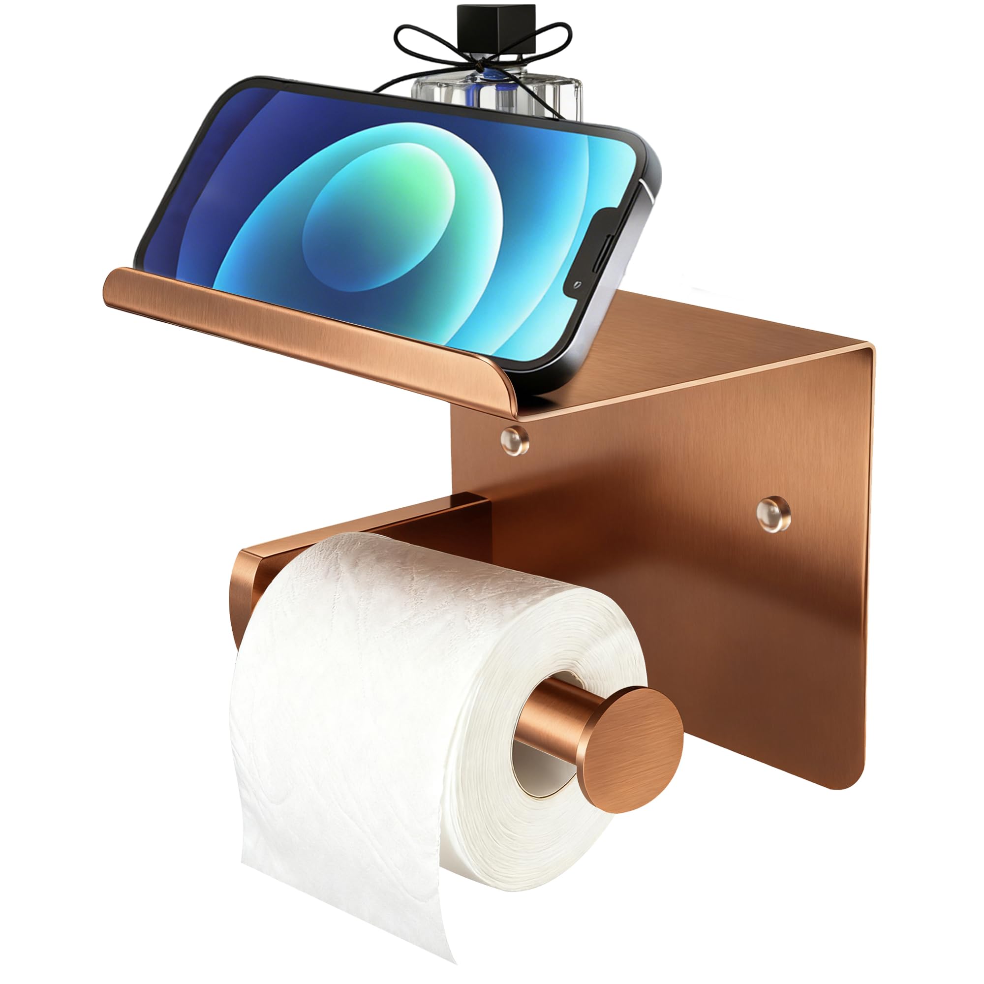 Rose Gold Toilet Paper Holder with Shelf, SUS304 Stainless Steel Rustproof Wall Mount Toilet Paper Roll Holder, Screw Bathroom Toilet Paper Holder for Kitchen, Washroom, RV