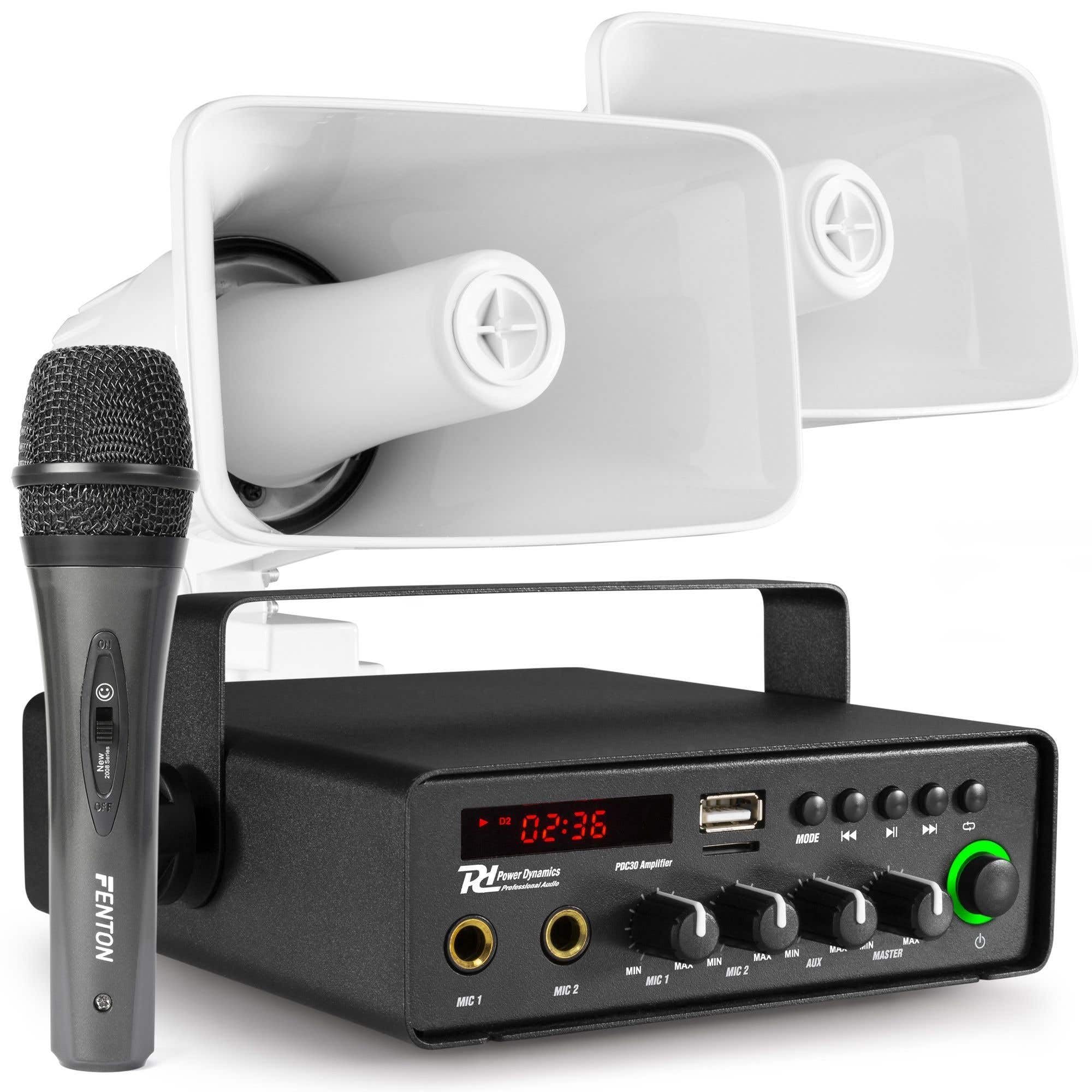 Power Dynamics PDC30 Auto PA-System Set 30W – Mobiler Verstärker mit 2 Outdoor Hornlautsprecher, IPX6, Bluetooth, MP3, USB, SD & Mikrofon – 12V / 230V Beschallungsanlage für Auto, Demo & Events