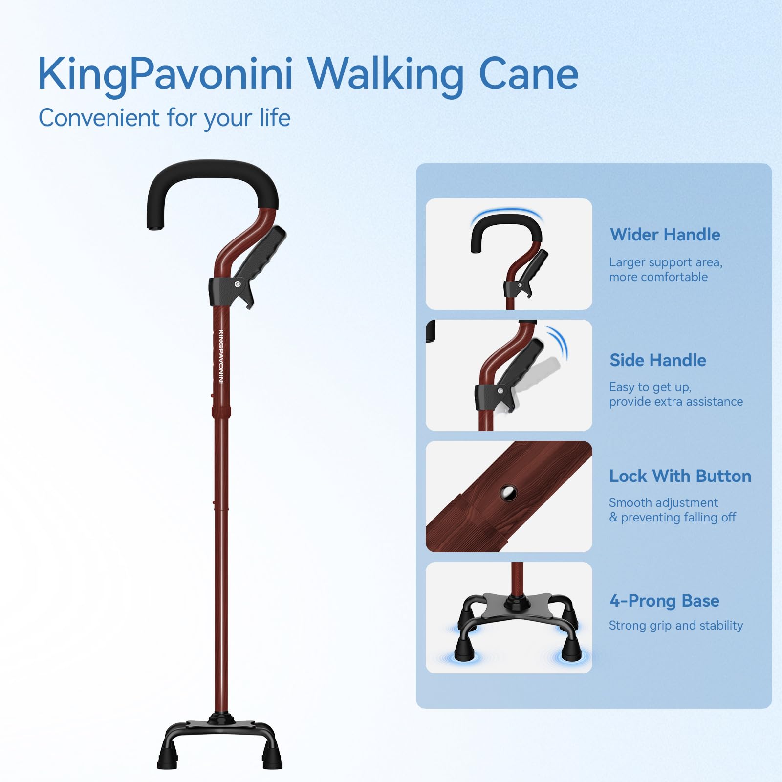 KingPavonini Bastone da passeggio per donne/uomini con manico secondario, pieghevole e regolabile, con base a 4 punte per stare in piedi, bastone da passeggio leggero per anziani e adulti, noce