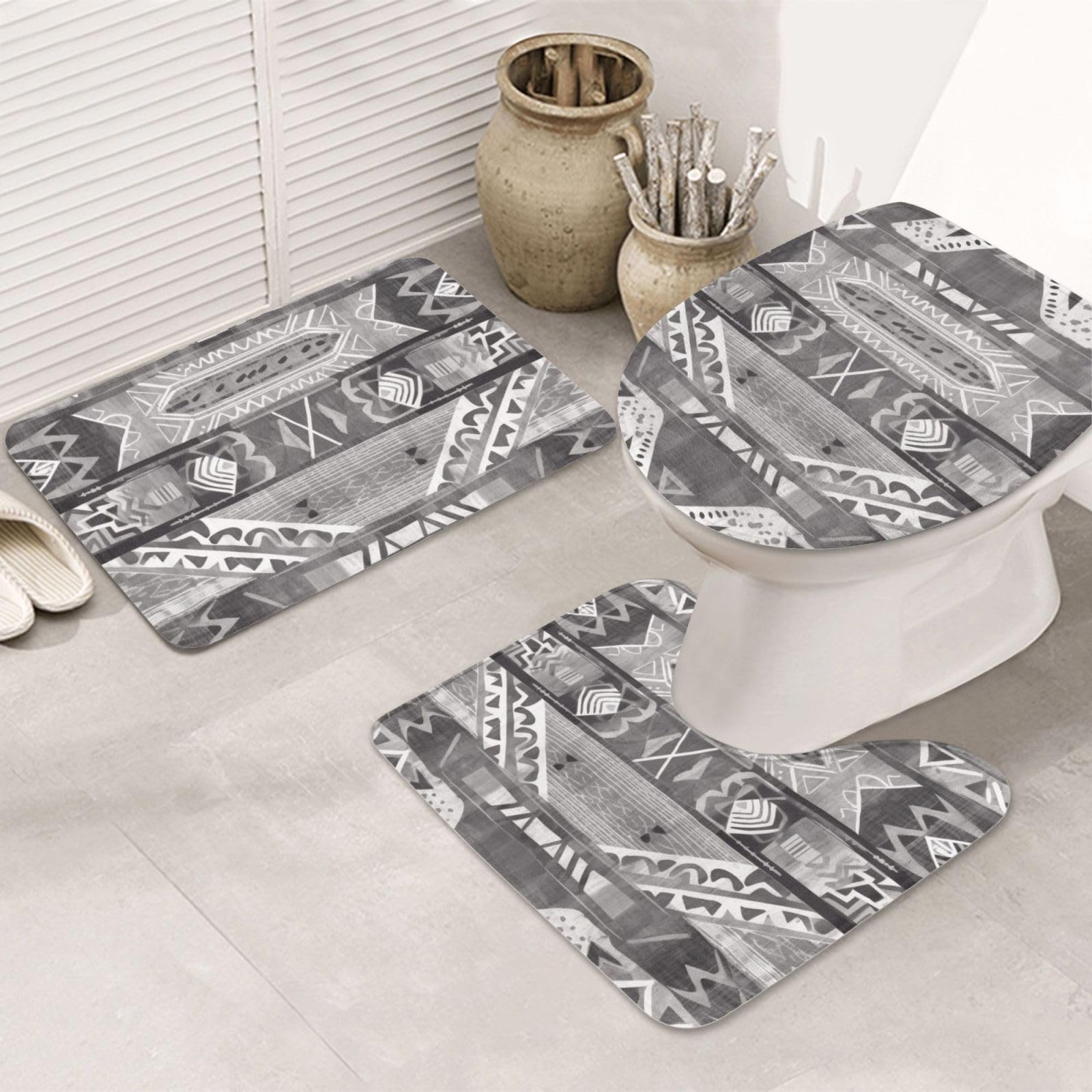 Tapis de bain anti-glisse gris tribal ensemble 3 pièces sécurité WC