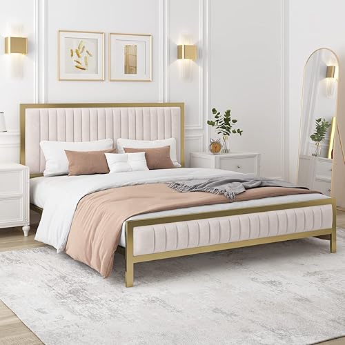 Miniatura 3 de 4 EVER WINNER Base de cama tamaño Queen tapizada de terciopelo con cabecera capitoné plataforma de metal dorado resistente con soporte de listones