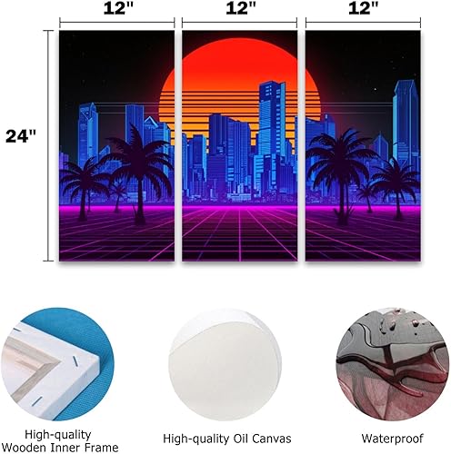 Miniatura 3 de 3 Piece Canvas Wall Art Prints Picture Retro wave synthwave vaporwave skyline scenery landscape Framed Wall Painting Modern Artwork Poster Home