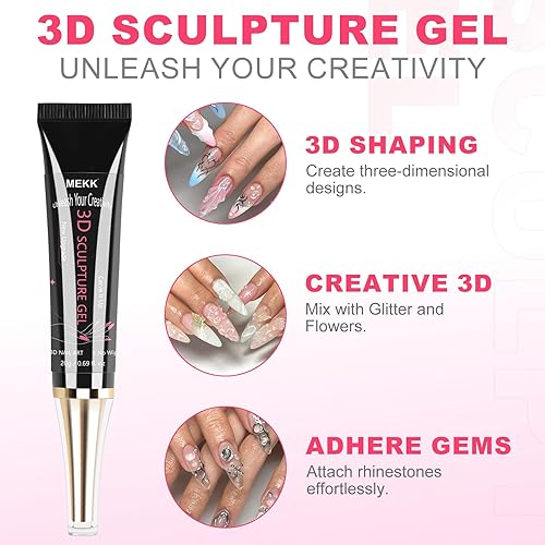 Miniatura 6 de MEKK Gel de uñas 3D, gel de escultura de 0.55 oz para arte de uñas, diseños de pegamento transparente que no se limpia, moldea y decoración,