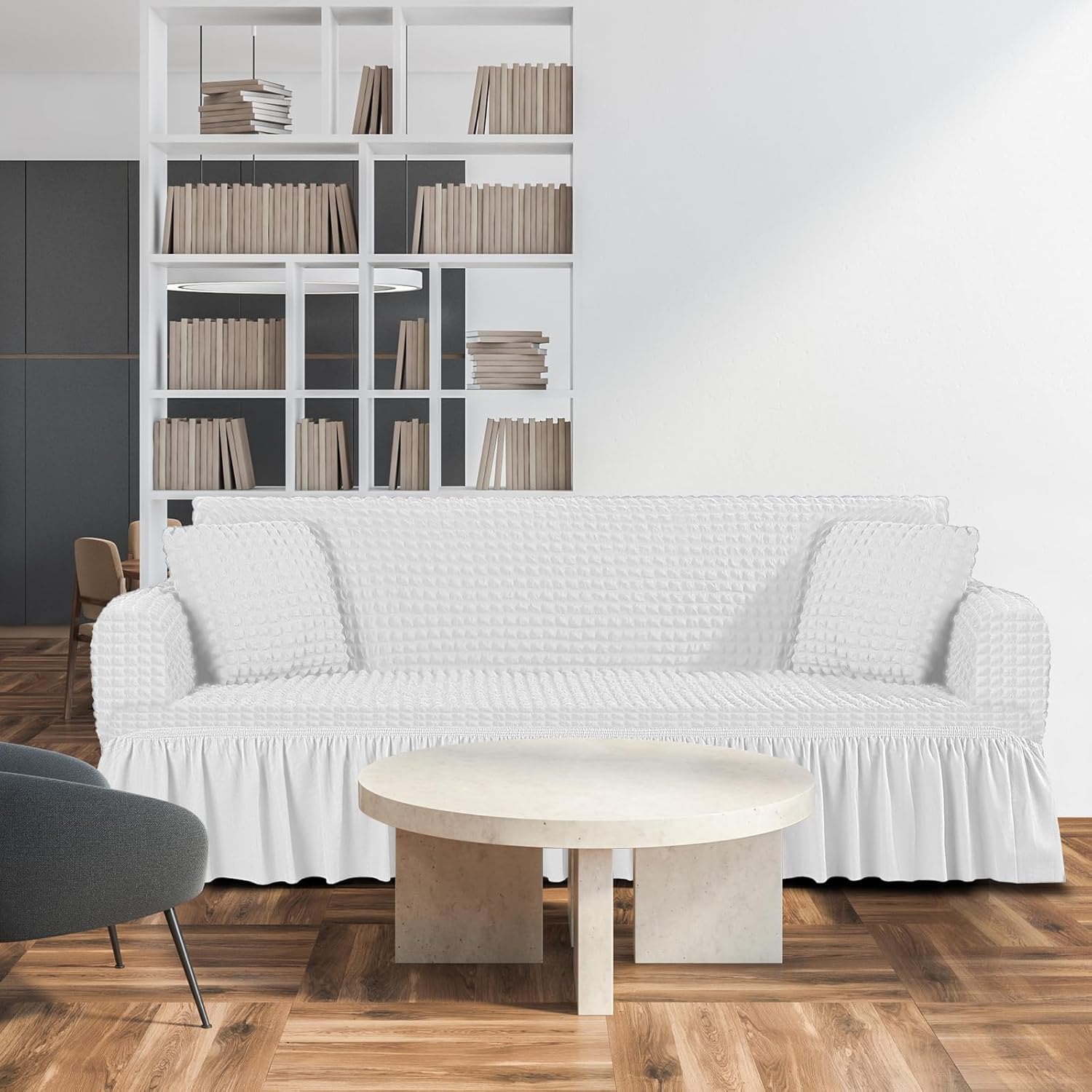 SmoothNovelty 1 Sofa Slipcover and 2 Pilllow Cover Set Sofa Couch Cover with Skirt Durable Washable High Elastic Stretchable Furniture Protector(Ivory,L)