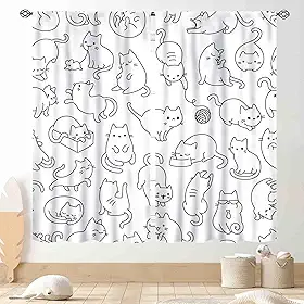 Cortinas de gato para quarto, desenho animado adorável gatinho kawaii gato animais coloridos engraçados cortinas de janela tratamentos para sala de estar cozinha banheiro 2 painéis, 107 x 114 cm
