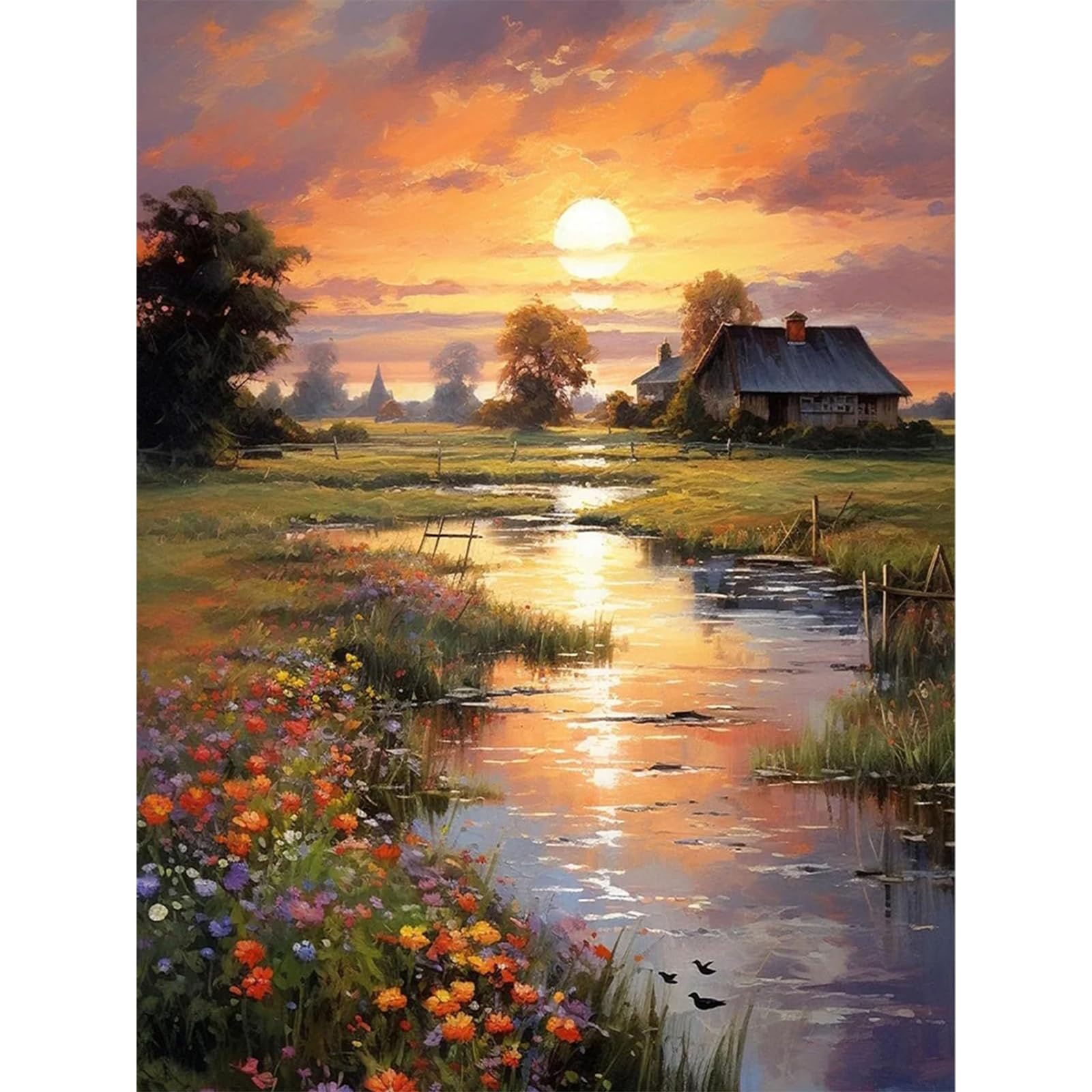 Fountor Ukdp01 Countryside Sunset Diamond Art Kits Adults Beginner, Riverside Cabin Diamond Painting Kits For Adults, 5D Diy Gem Art Kit For Home Wall Decor 30X40 Cm