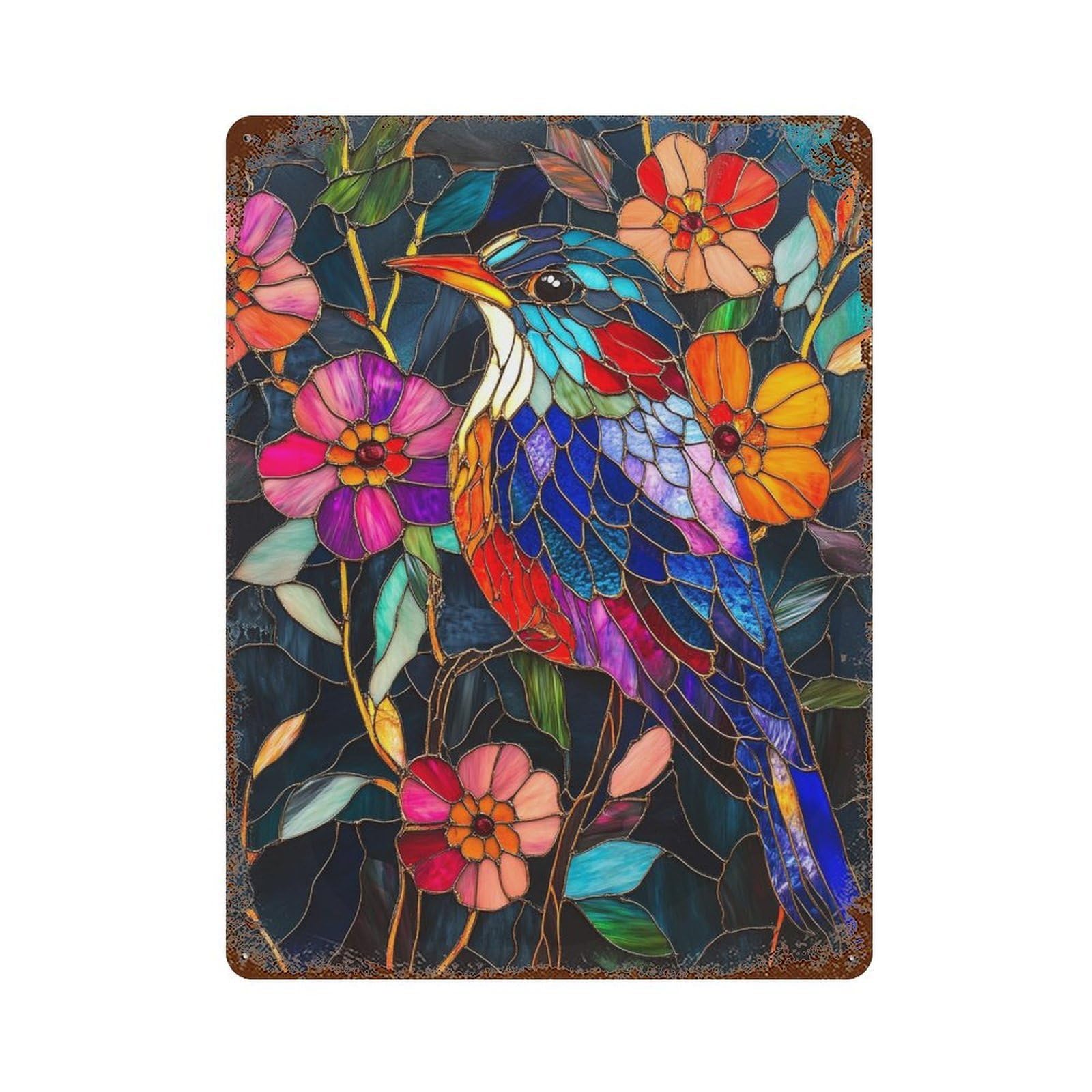 Stained Glass Bird Artwork-2 Decorative Tin Sign 15.7"x11.8", Vintage Wall Decor for Garage, Pub Or Kitchen