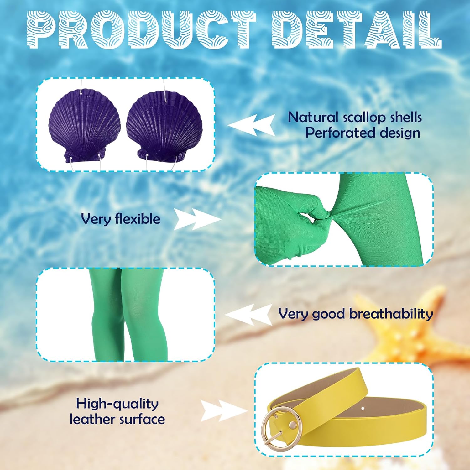 5 Pcs Halloween Mermaid Costume Accessories Include Seashell Bra White Rope Green Footed Tights Spandex Gloves Leather Belts for Men Women Halloween Party Cosplay - Image 3