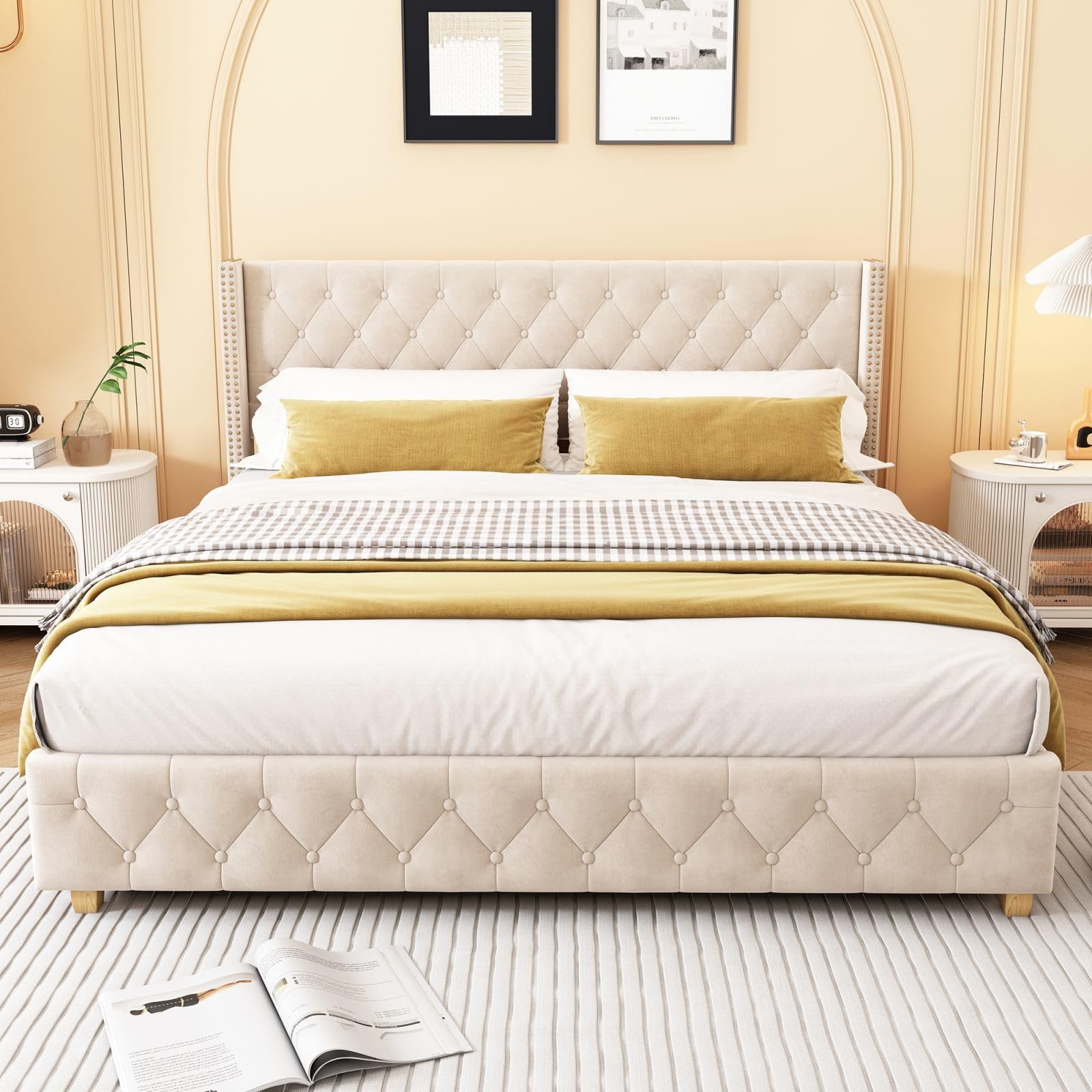 PUGSDRLY - Cama Doble 140 X 190 Con Somier, Marco Y Cabecera Acolchada Con  Botones, Patas De Madera, Para Adultos, Sin Colchón, Beige, image size:1600x1600