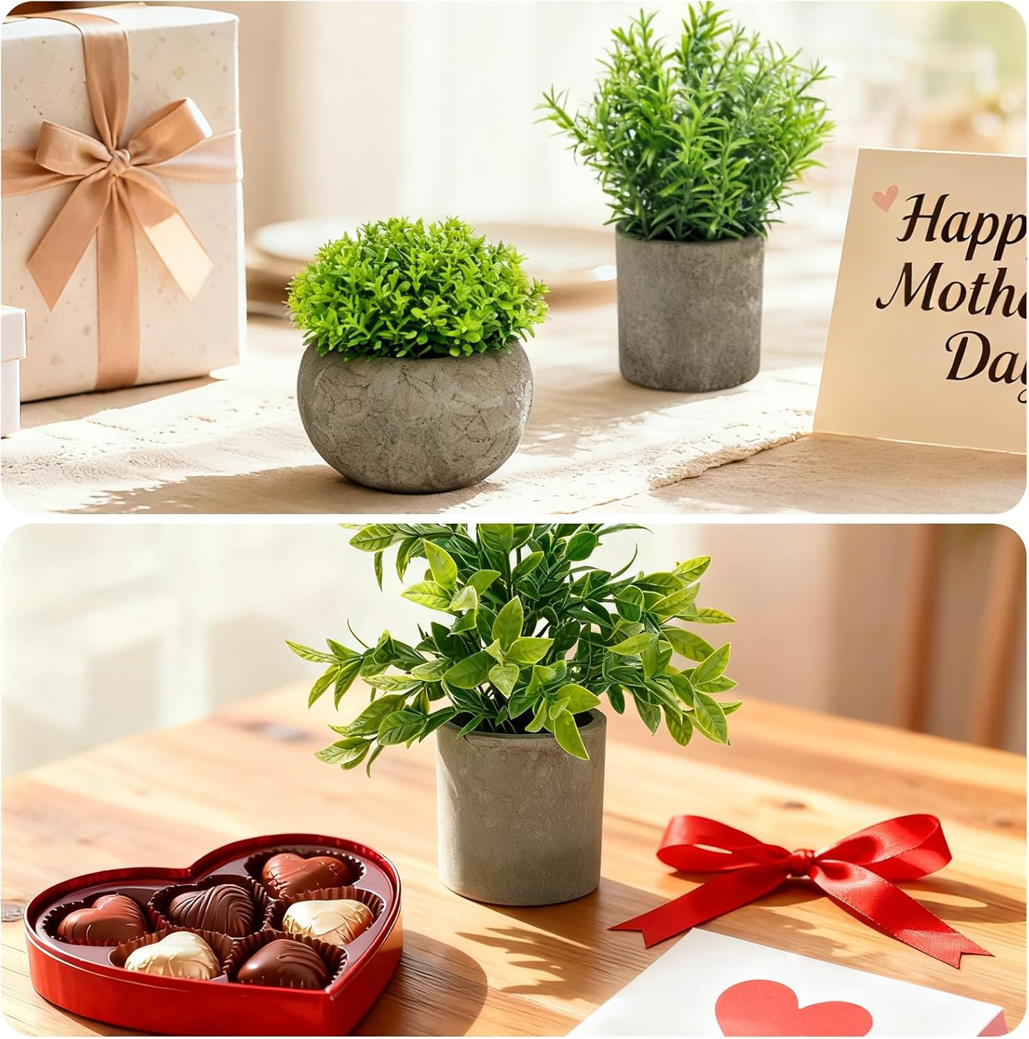 AUUGUU Artificial Potted Plants Faux Greenery in Cement Pots for Shelf, Bookshelf, Office or Home Decor, Small Decorative Fake Plants for Modern Indoor Display